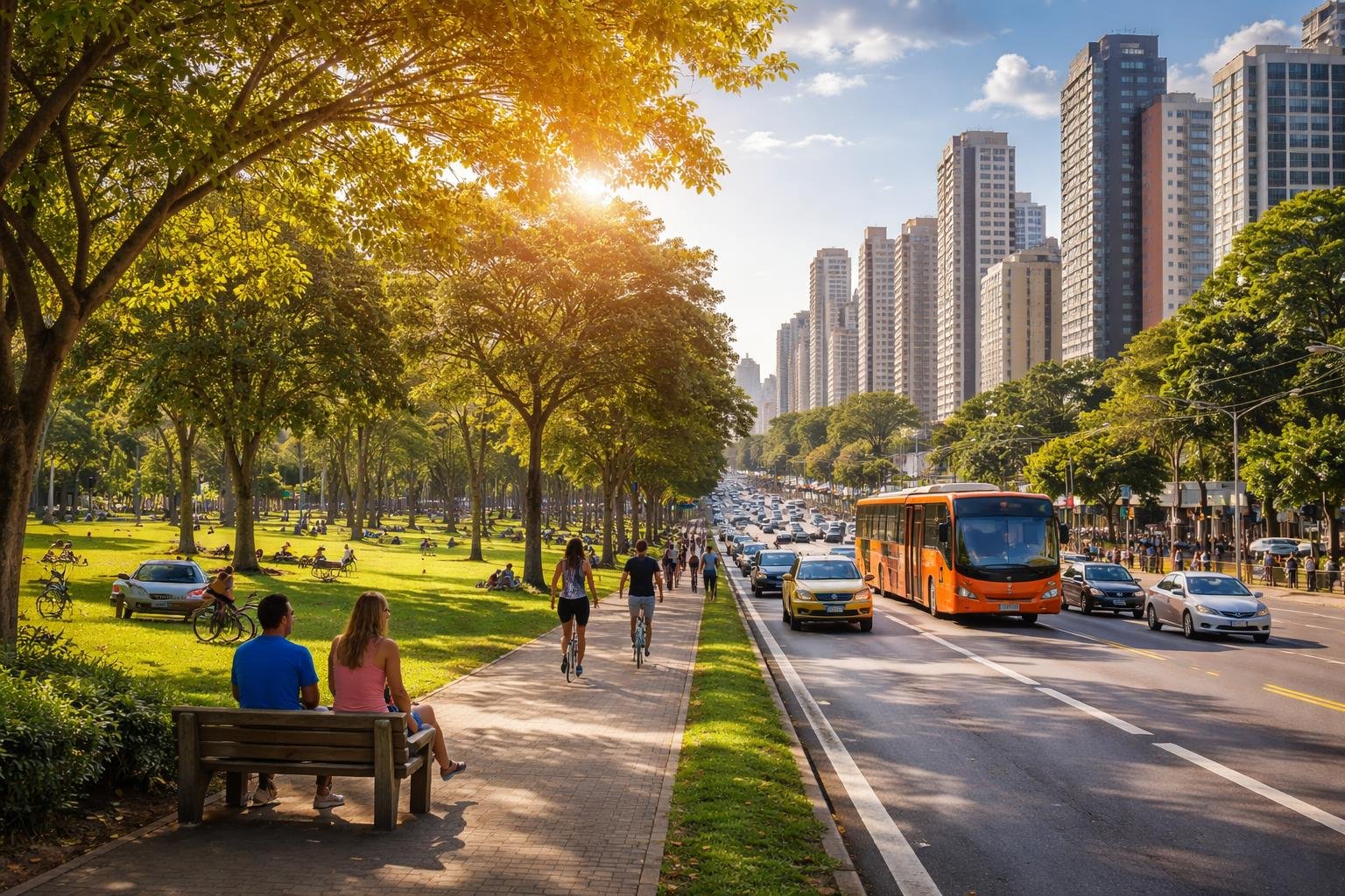 Cena urbana em Curitiba com pessoas aproveitando um parque verde e uma rua movimentada ao lado.