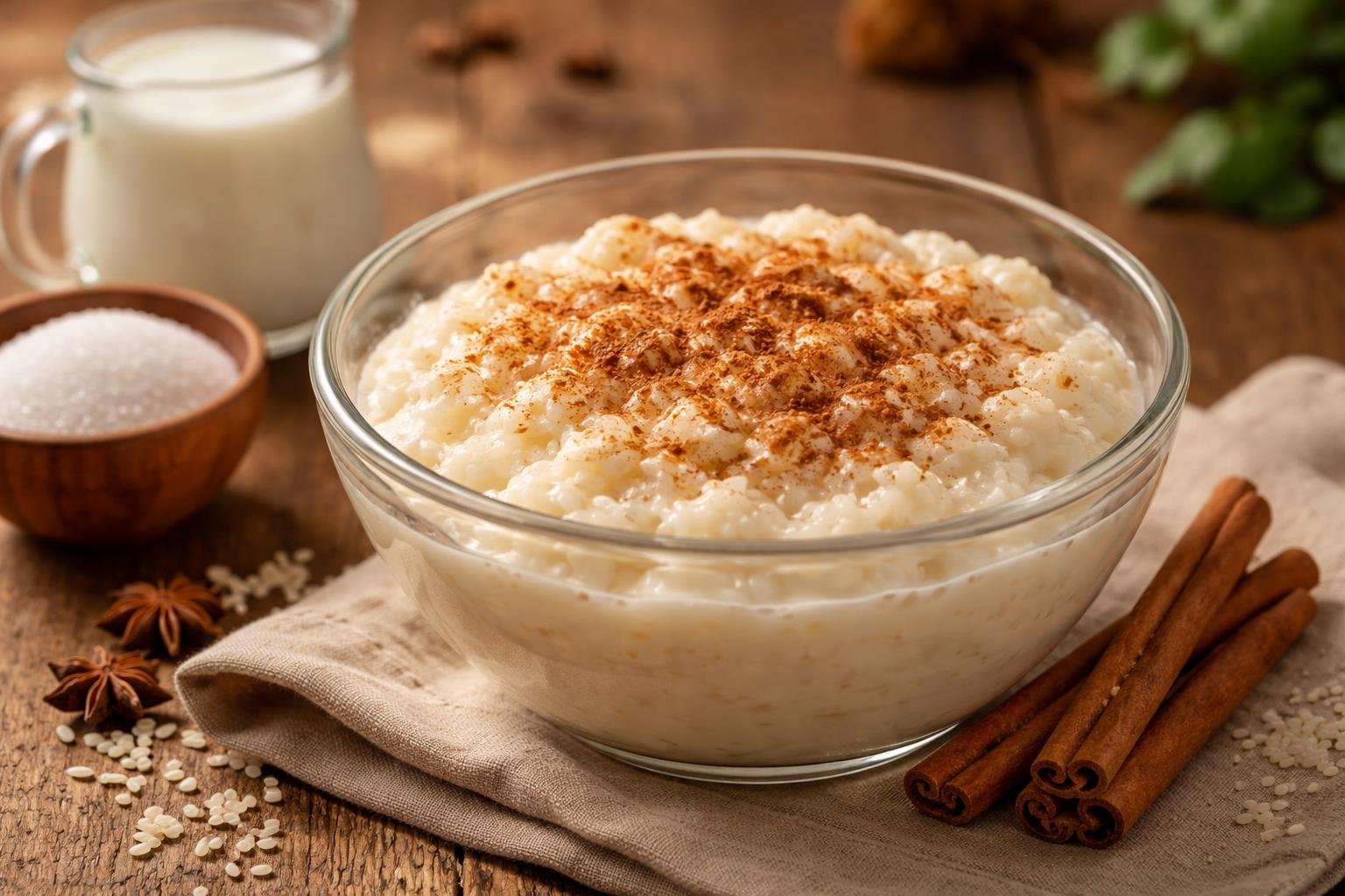 Taça de arroz doce com canela em pó sobre mesa de madeira, cercada por paus de canela, açúcar e leite.