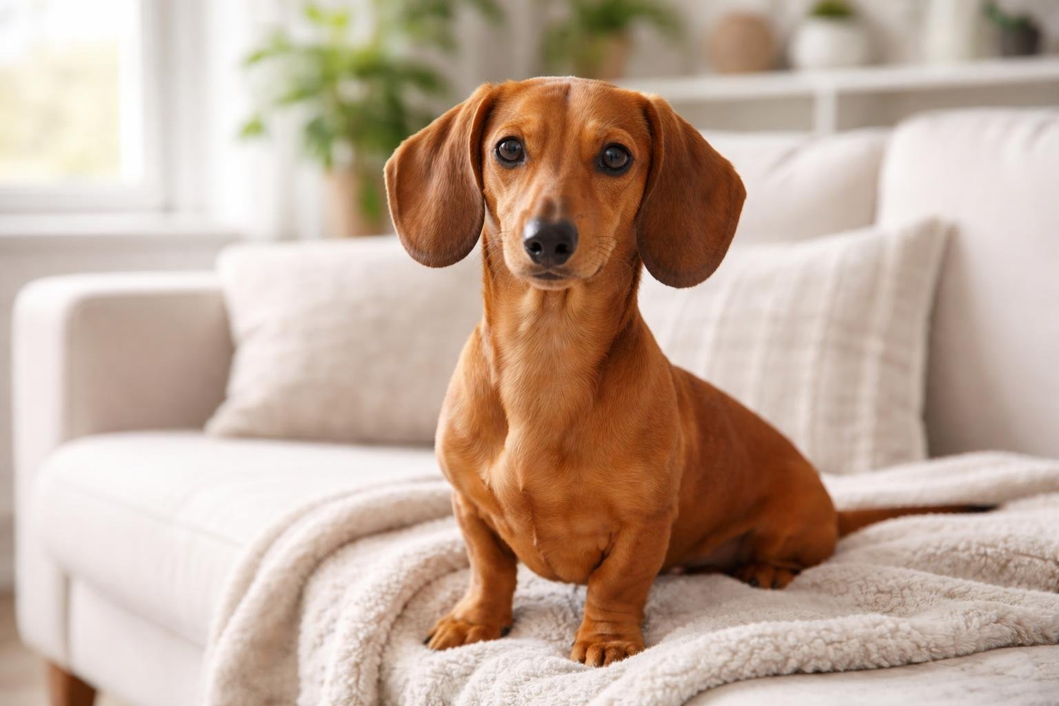 Um cachorro da raça salsicha sentado em um sofá confortável em uma sala de estar moderna e iluminada.
