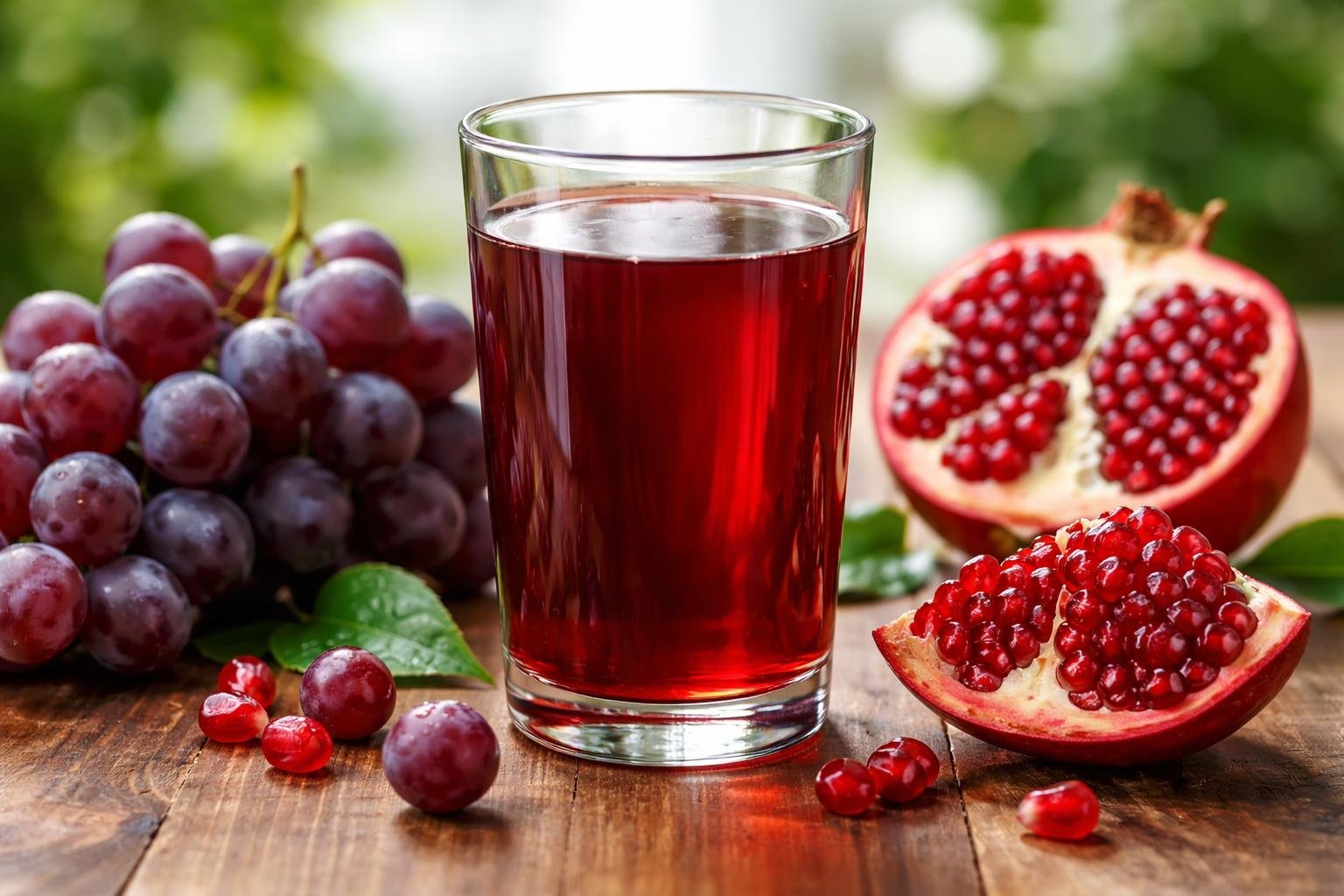Copo de suco de uva com romã em uma mesa de madeira, cercado por uvas roxas e romãs cortadas.