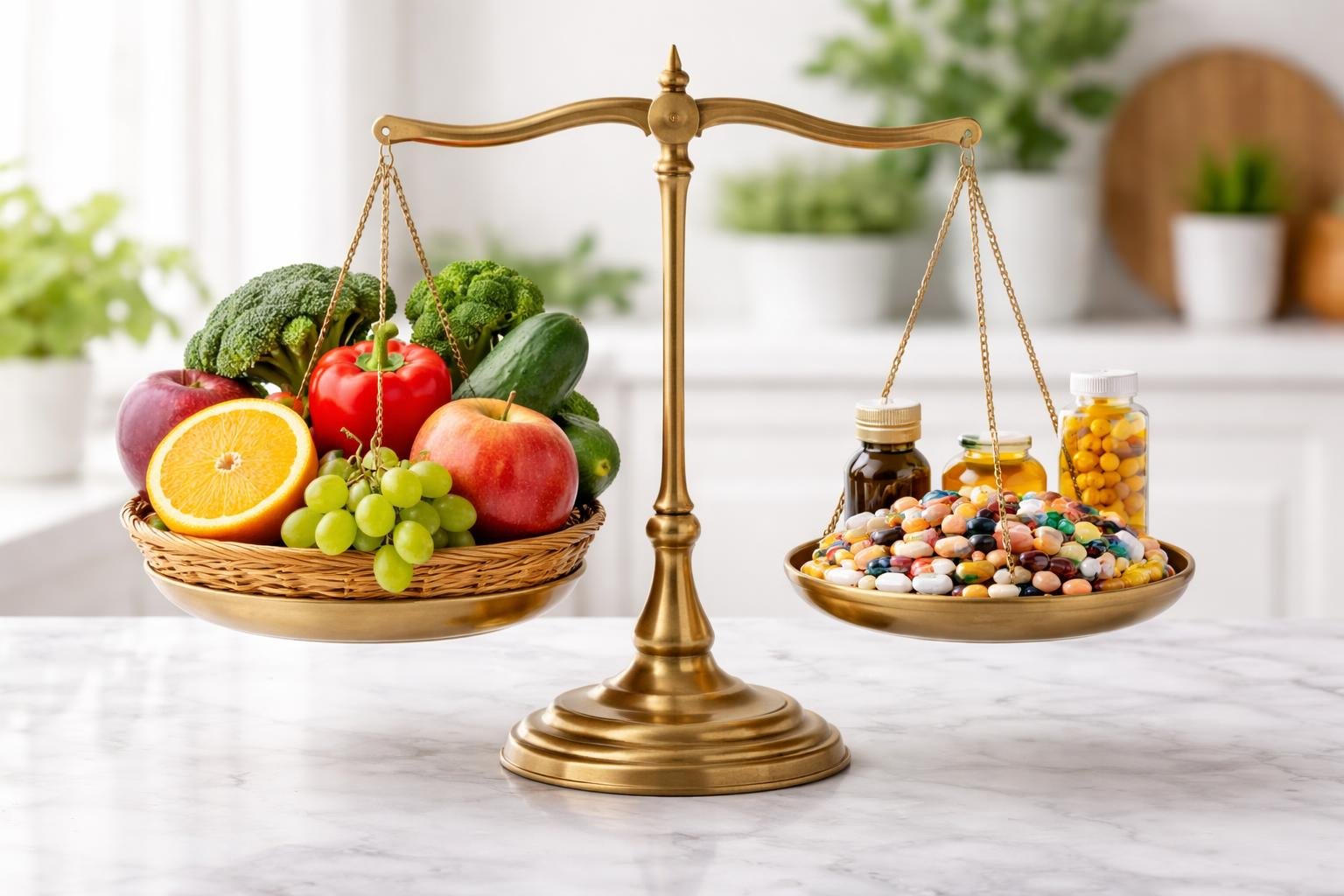 Balança equilibrada com frutas e vegetais frescos de um lado e suplementos dietéticos do outro, simbolizando escolhas de nutrição e controle de peso.