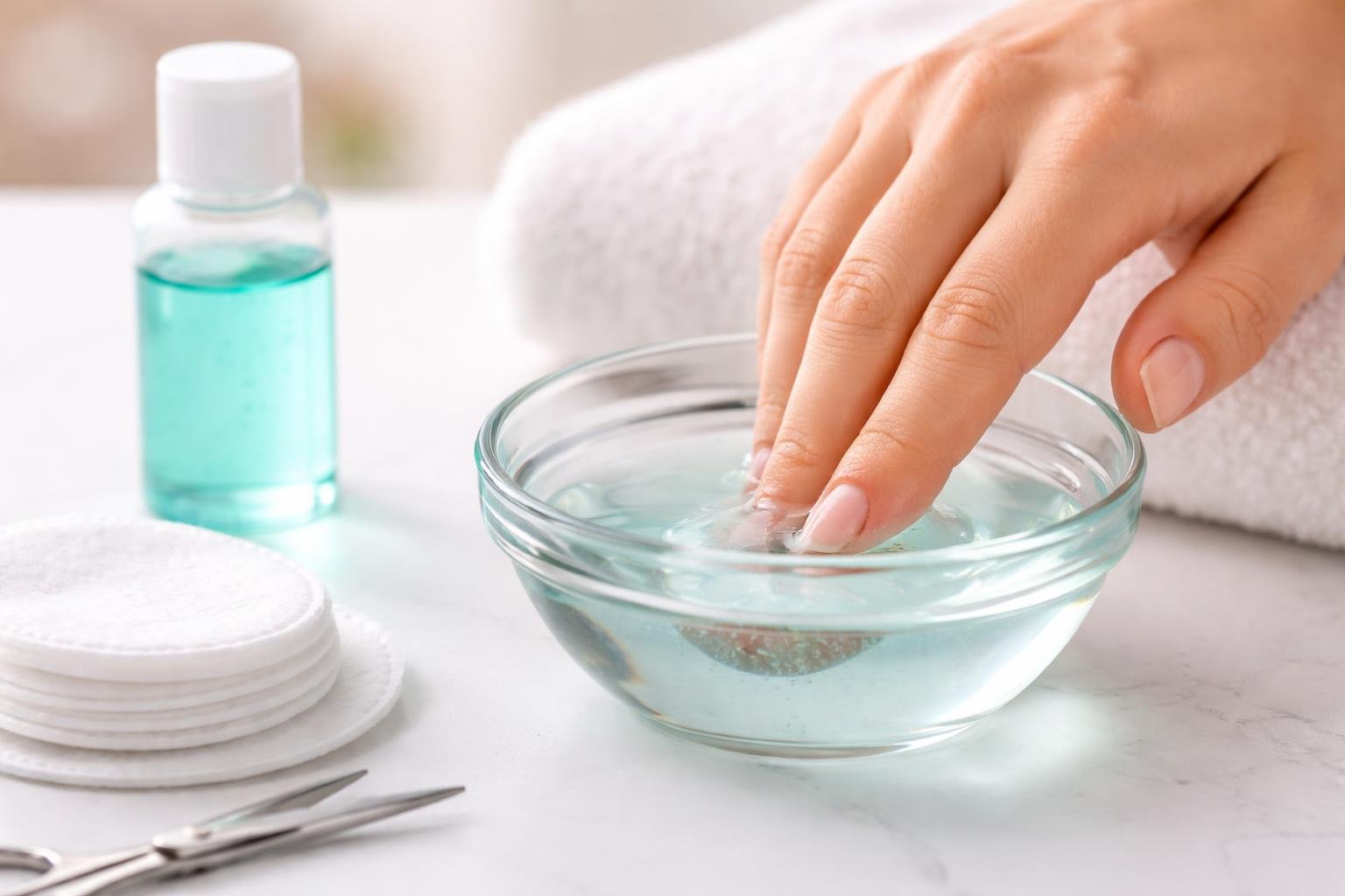 Mão com unha levemente inflamada sendo cuidada com imersão em água morna e materiais de limpeza ao lado.