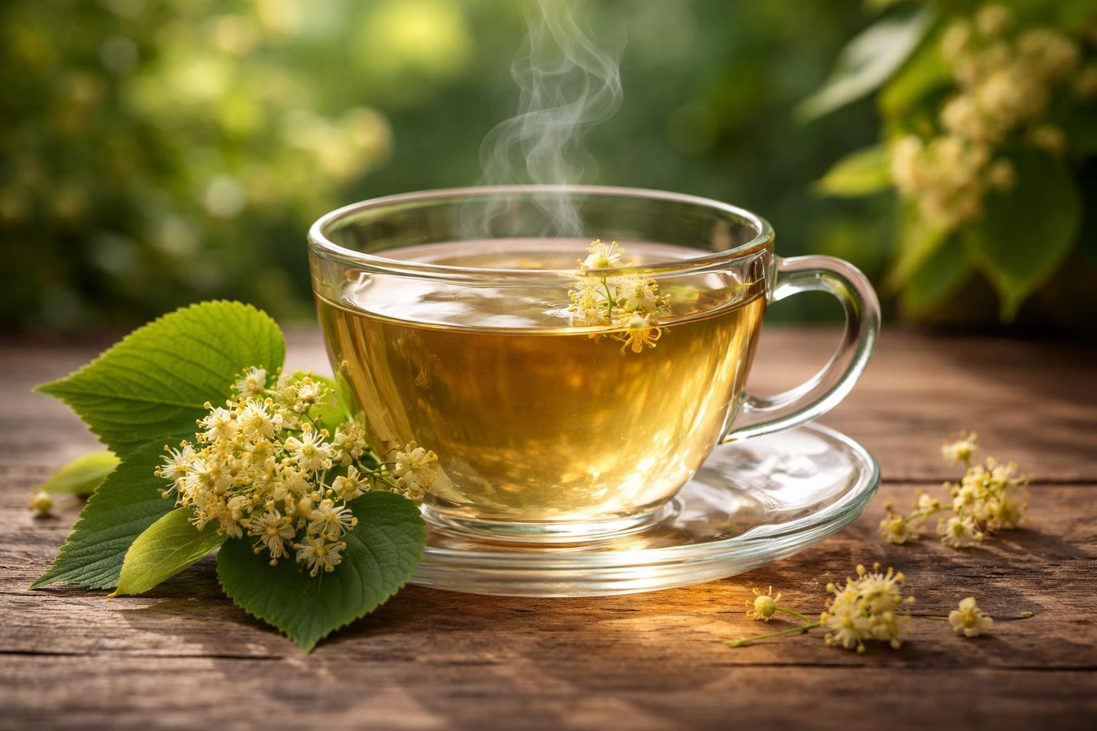Uma xícara de chá de tília com flores e folhas frescas ao lado, sobre uma mesa de madeira, com um jardim verde desfocado ao fundo.
