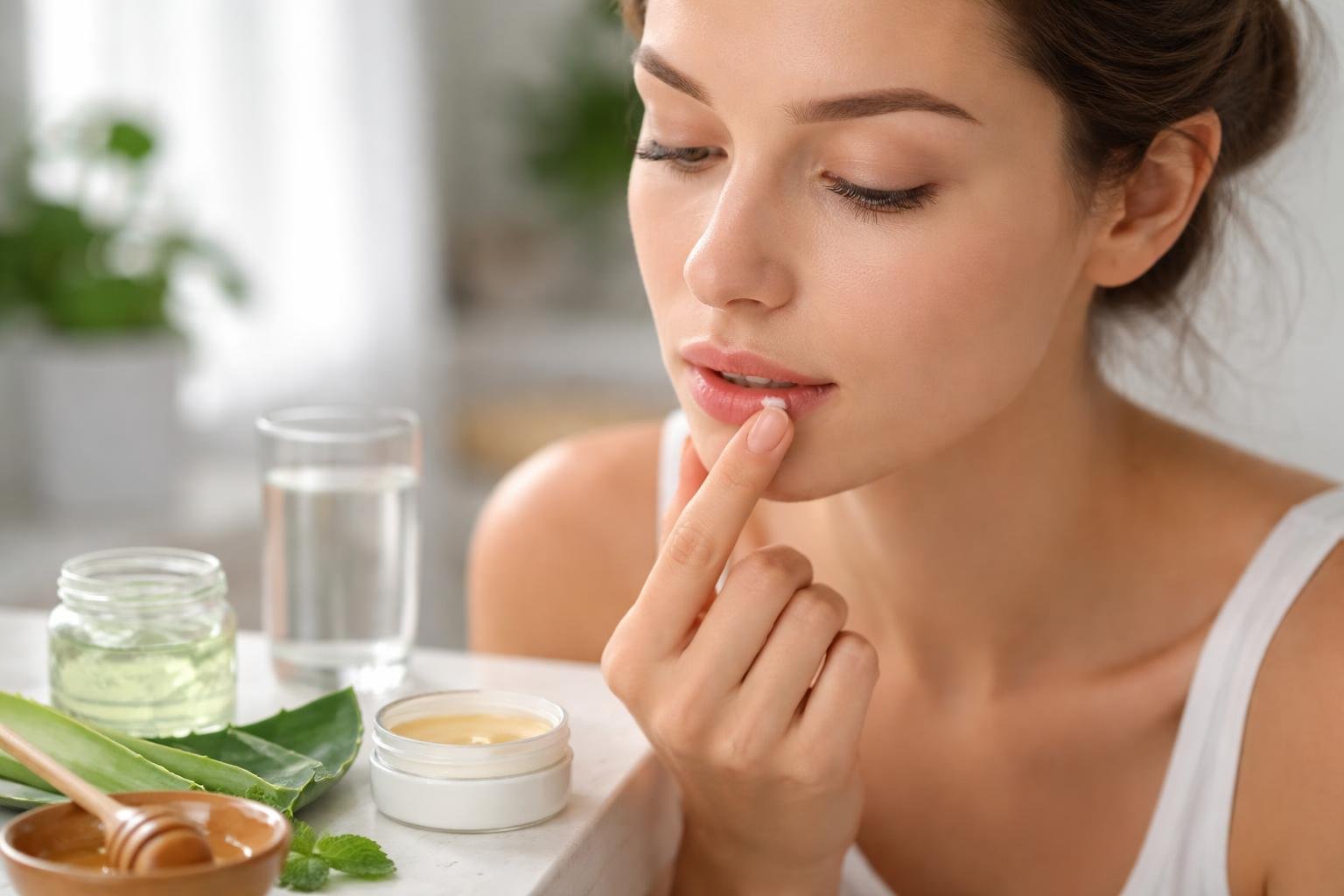 Mulher aplicando creme nos lábios para tratar herpes labial em um banheiro iluminado.