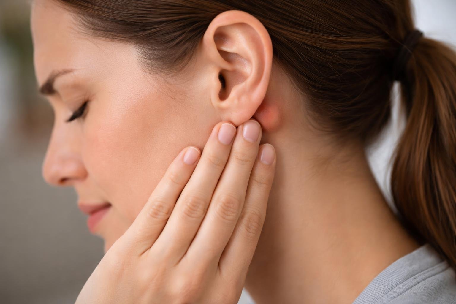 Pessoa tocando atrás da orelha com expressão de dor, mostrando um caroço na área.