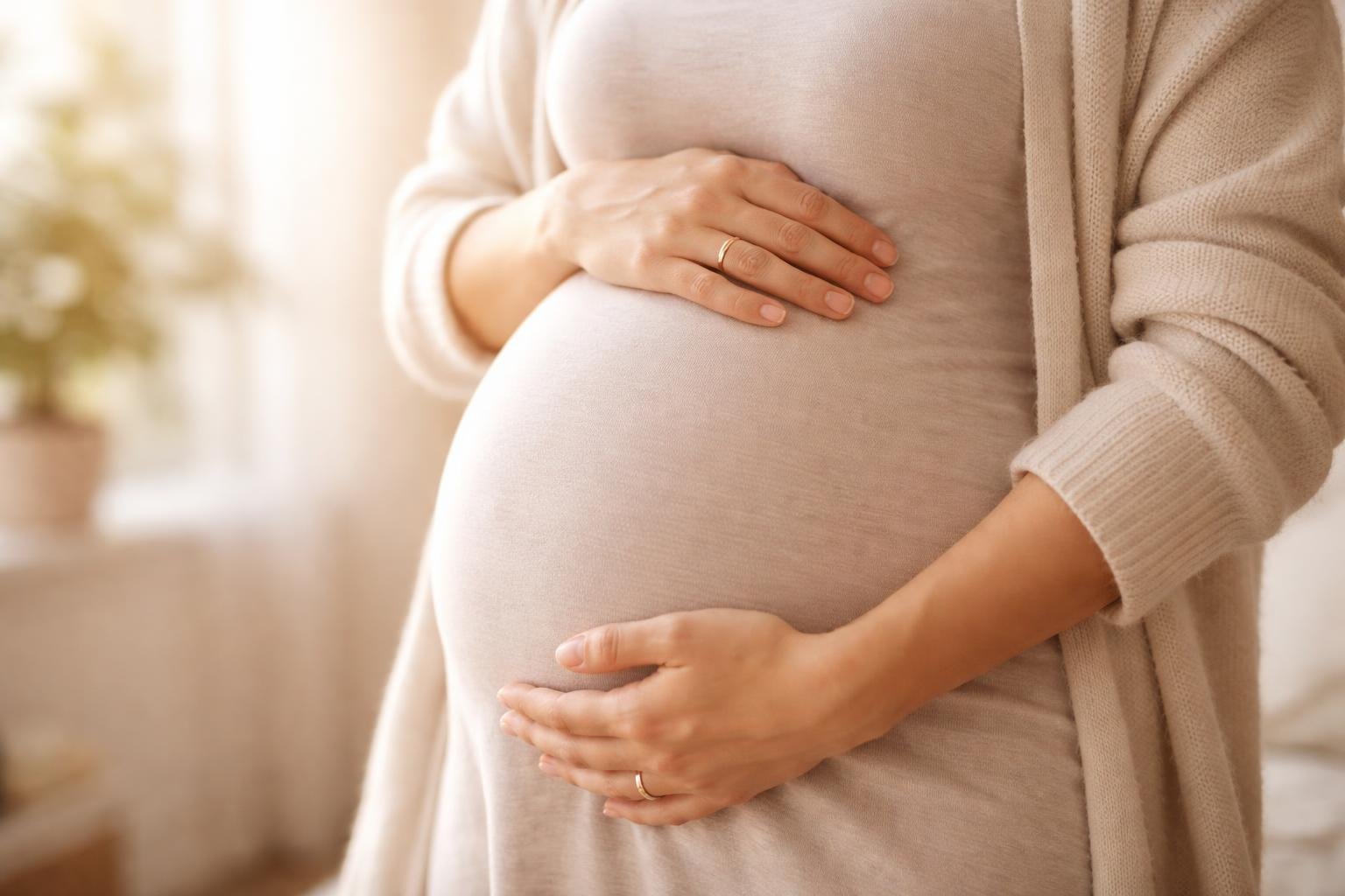 Mãos de uma mulher acariciando sua barriga de grávida em um ambiente tranquilo.