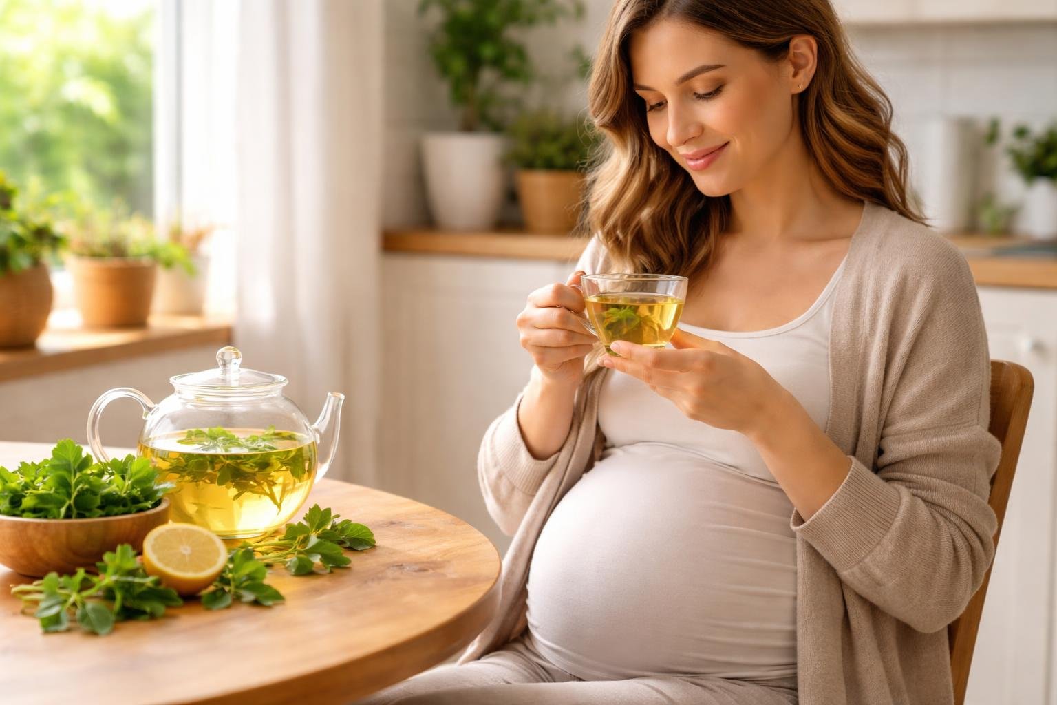 Mulher grávida sentada à mesa segurando uma xícara de chá de cidreira, com um bule de chá e folhas frescas na mesa.