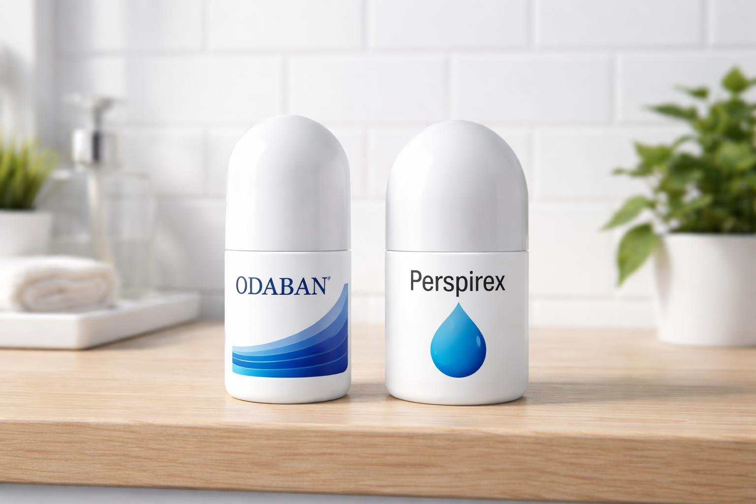 Prateleira de banheiro com dois desodorantes antitranspirantes lado a lado, um Odaban e outro Perspirex, com plantas verdes ao redor.