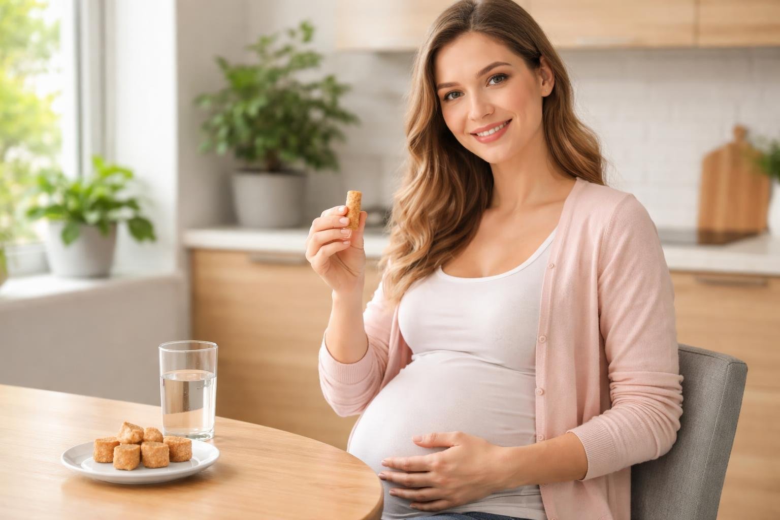Mulher grávida sentada à mesa da cozinha segurando um doce de paçoca, com mais paçocas em um prato à sua frente.