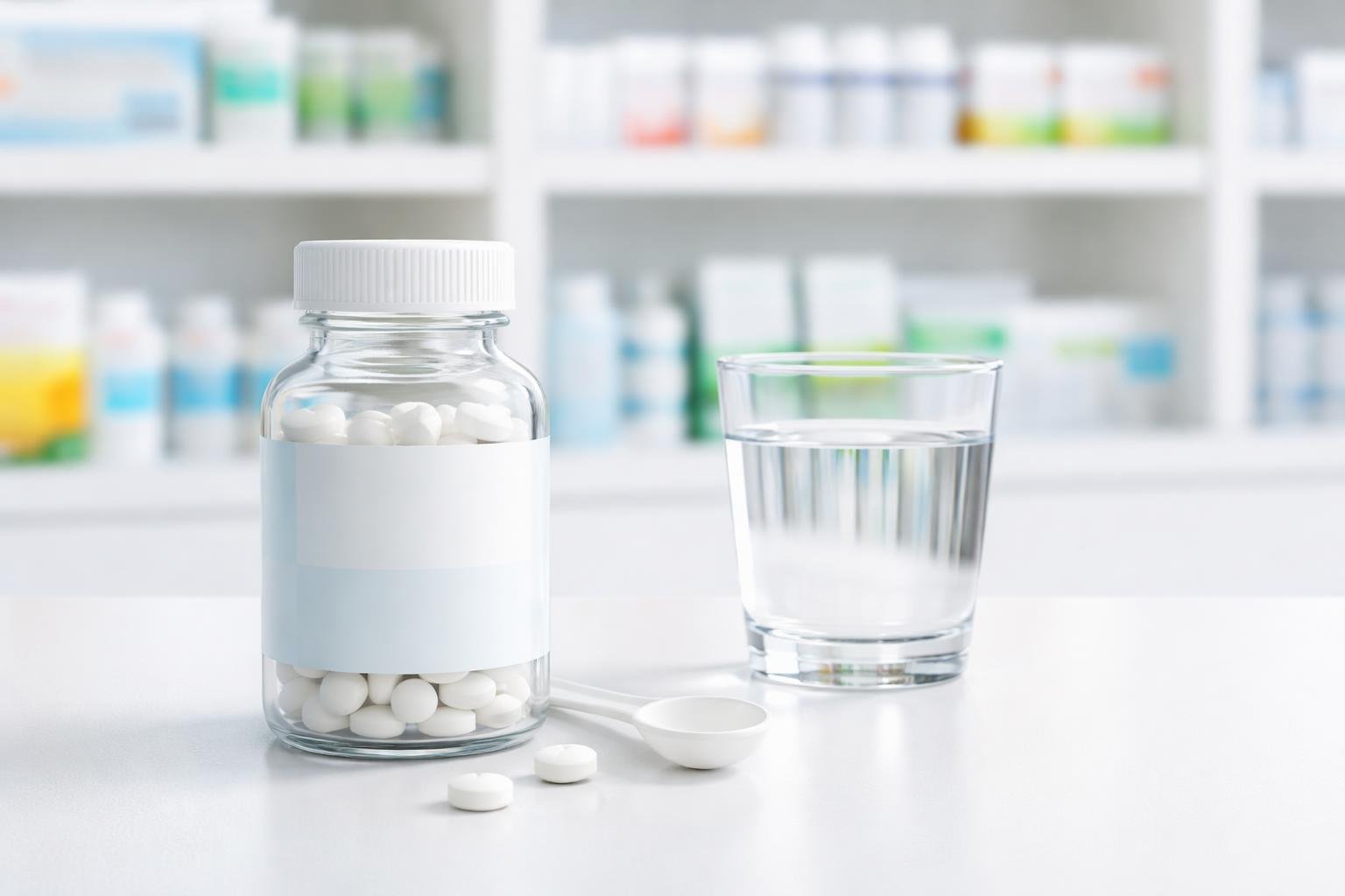 Frasco de medicamento com comprimidos brancos, colher medidora e copo de água sobre balcão em farmácia.