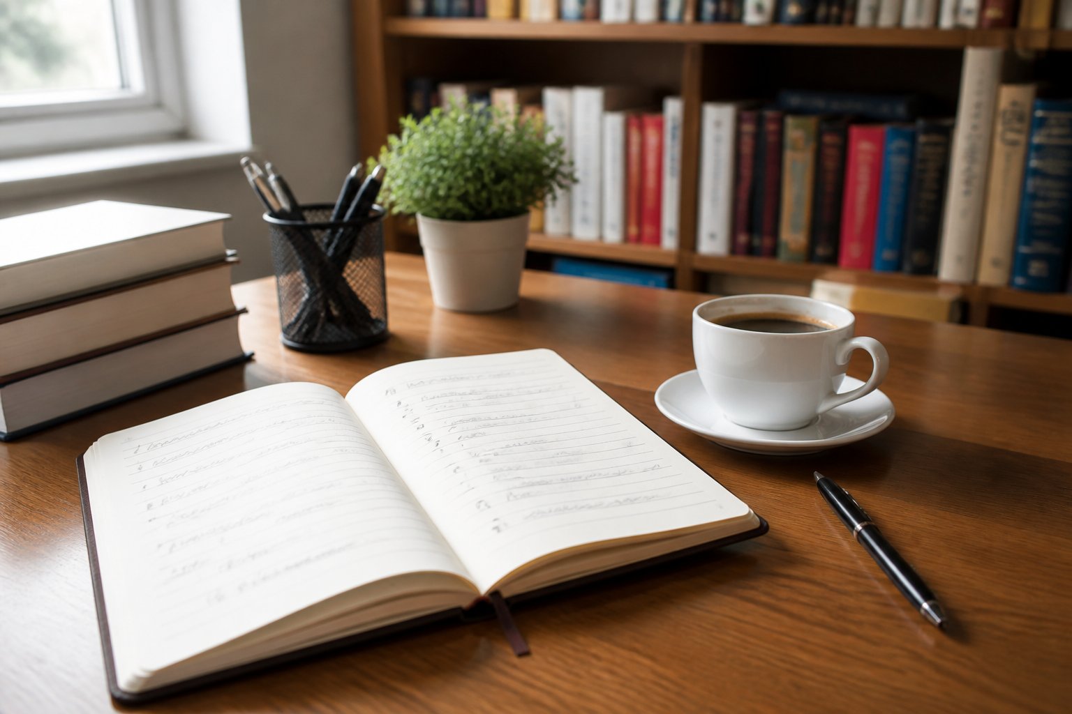 Mesa de trabalho com caderno aberto, caneta e xícara de café, ambiente iluminado com livros ao fundo.