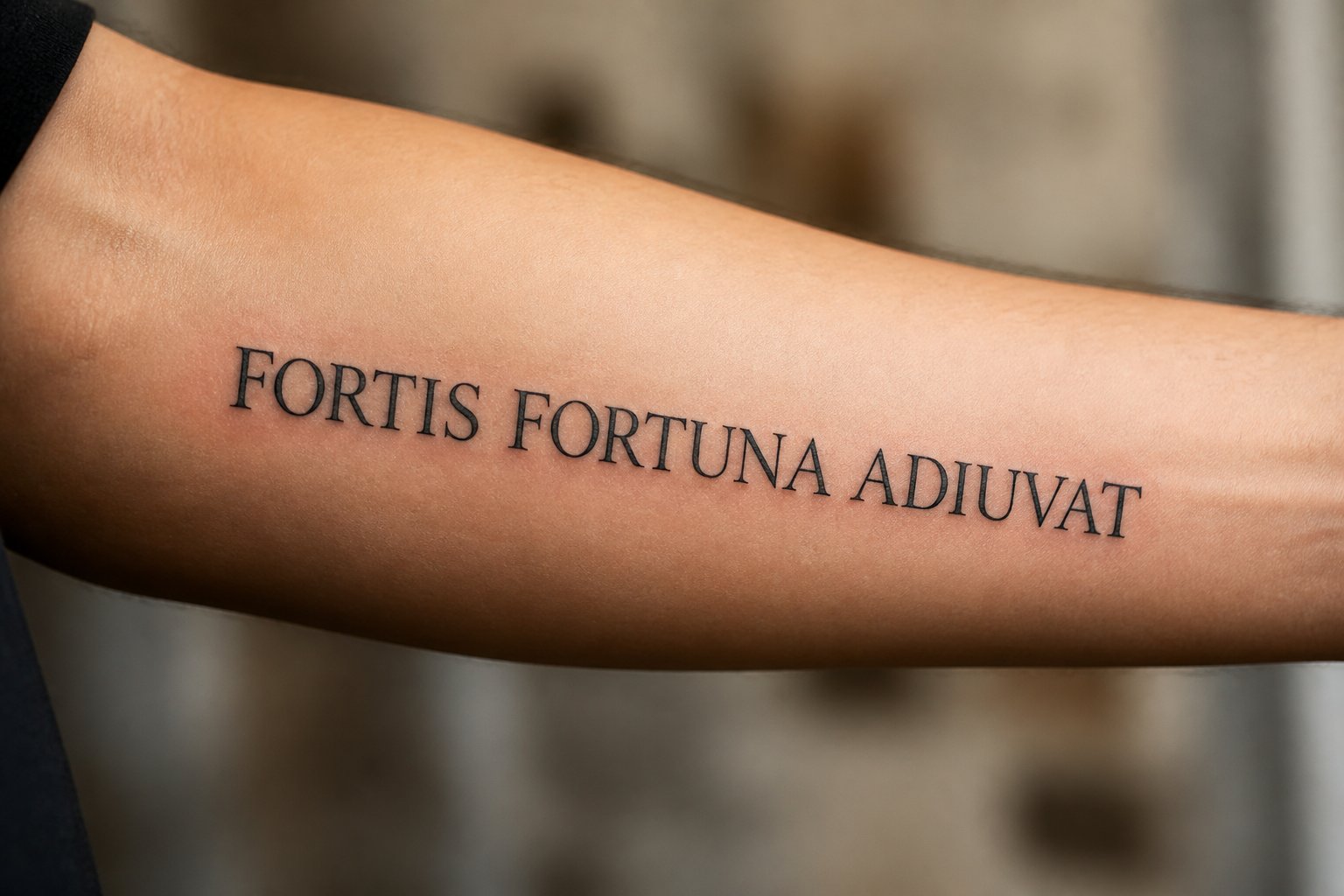 Braço com uma tatuagem em latim detalhada e visível na parte interna do antebraço.