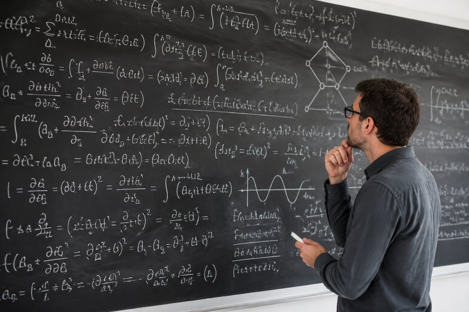 Quadro negro cheio de equações matemáticas complexas em uma sala de aula com uma pessoa pensativa observando as fórmulas.