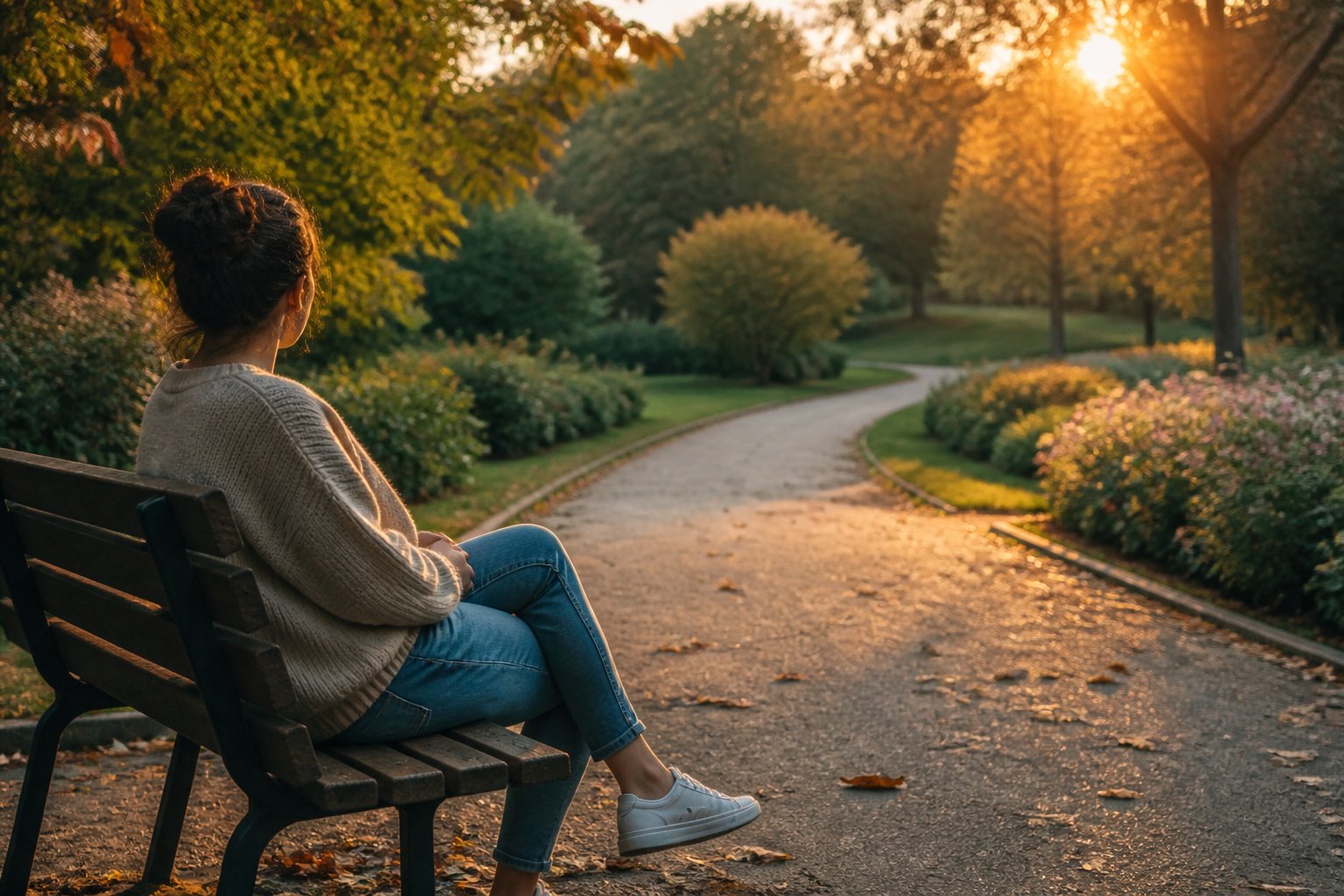 Pessoa sentada em um banco de parque olhando pensativa para o horizonte em um ambiente natural com árvores e flores.