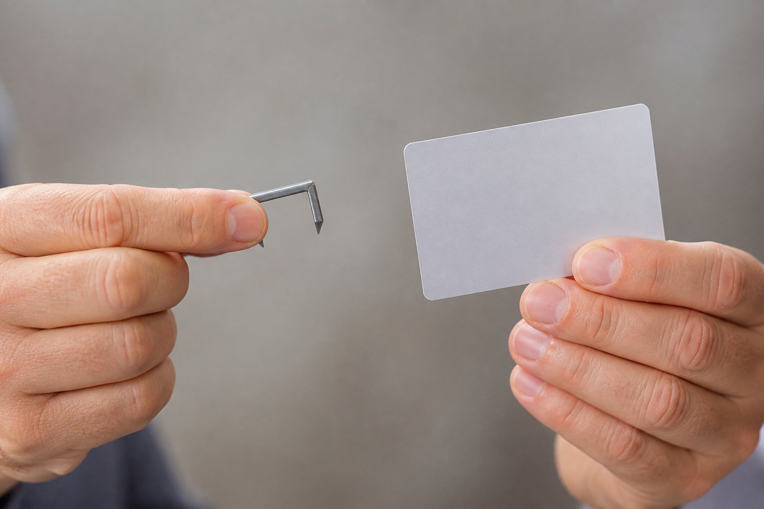 Duas mãos segurando um pequeno fixador metálico em uma e um cartão de papel na outra, com fundo neutro desfocado.