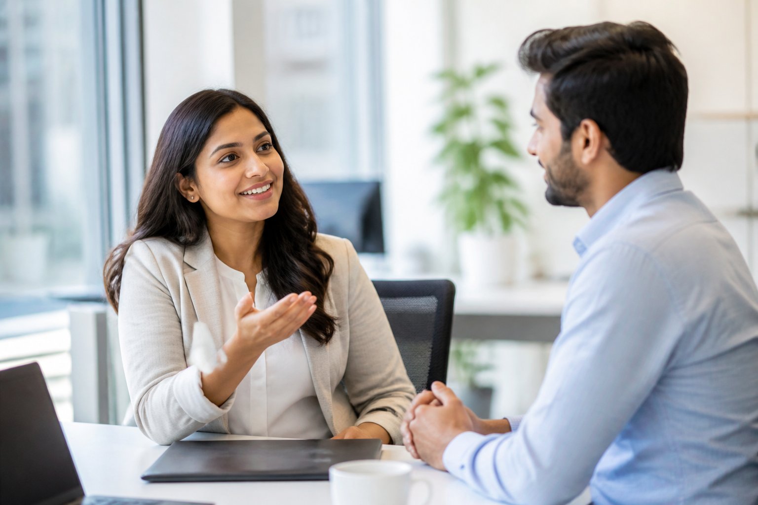 Duas pessoas conversando educadamente em um escritório moderno e iluminado.