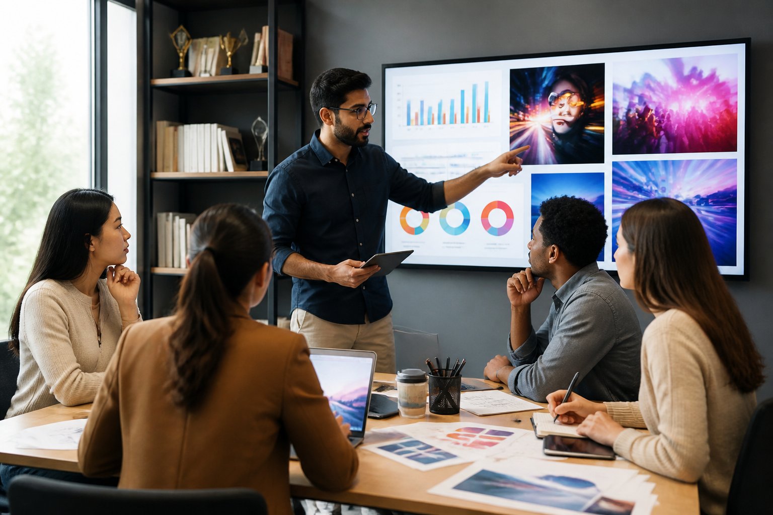 Equipe de profissionais de marketing colaborando em escritório moderno com tela digital mostrando gráficos e imagens relacionadas a publicidade.
