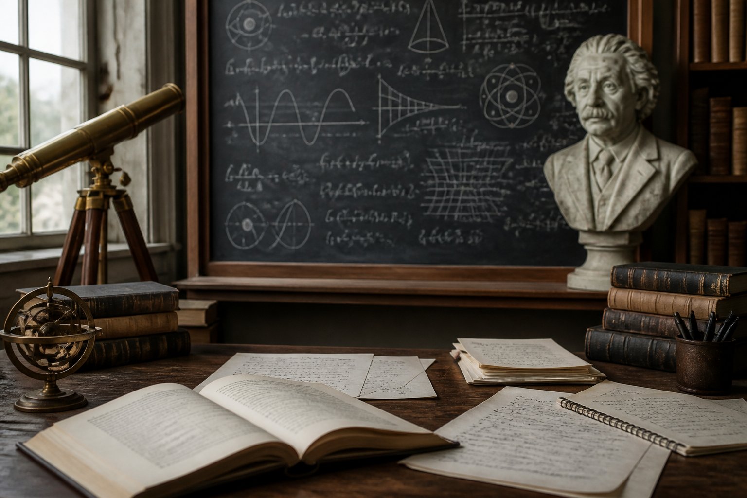Espaço de trabalho com livros de física, papéis com equações, um telescópio antigo e um quadro negro com fórmulas científicas, incluindo uma estátua de busto de um físico famoso.