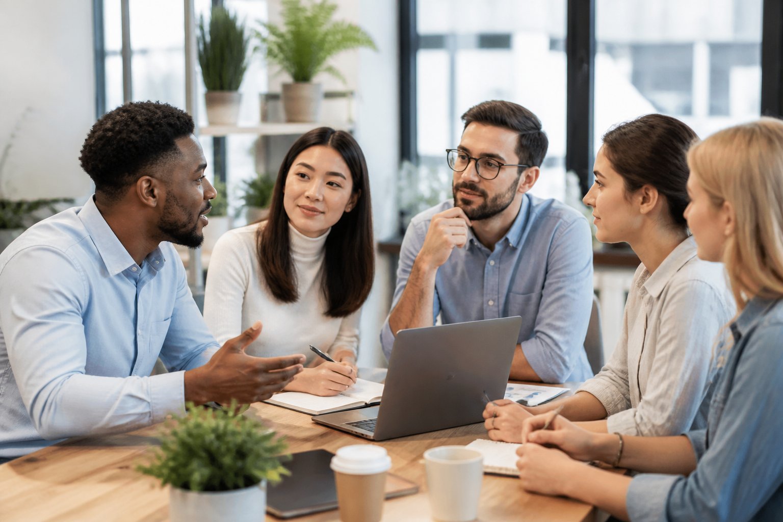 Grupo de jovens adultos conversando em um escritório moderno, demonstrando interesse e colaboração.