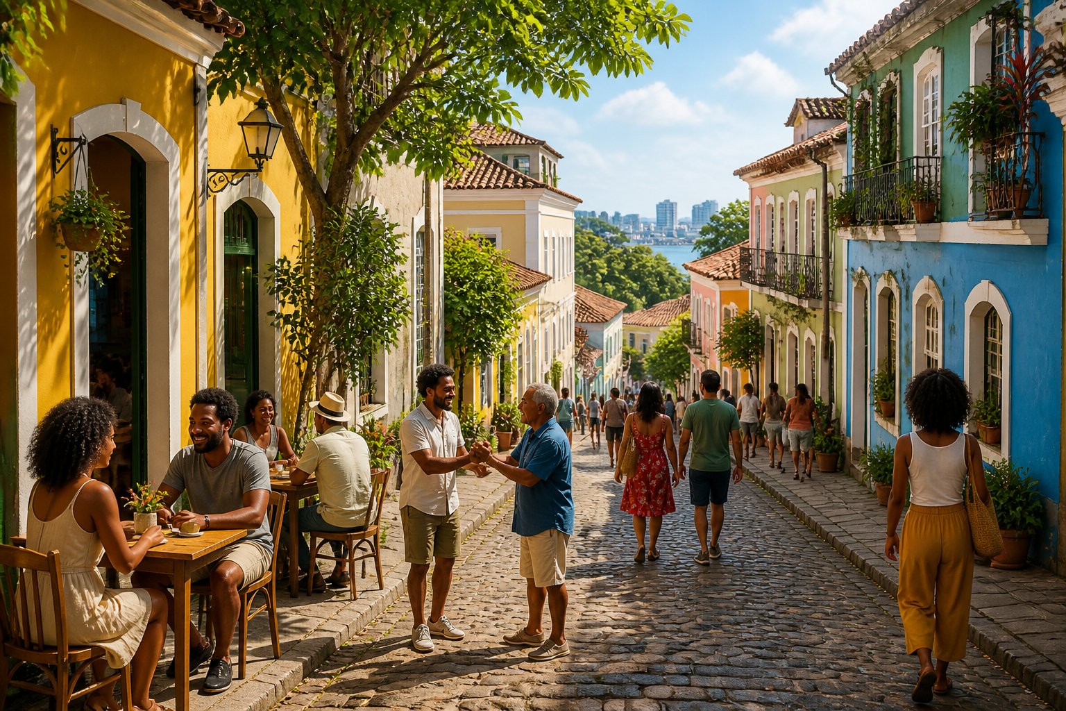 Rua movimentada em um bairro brasileiro com pessoas visitando um café e interagindo entre si durante o dia.