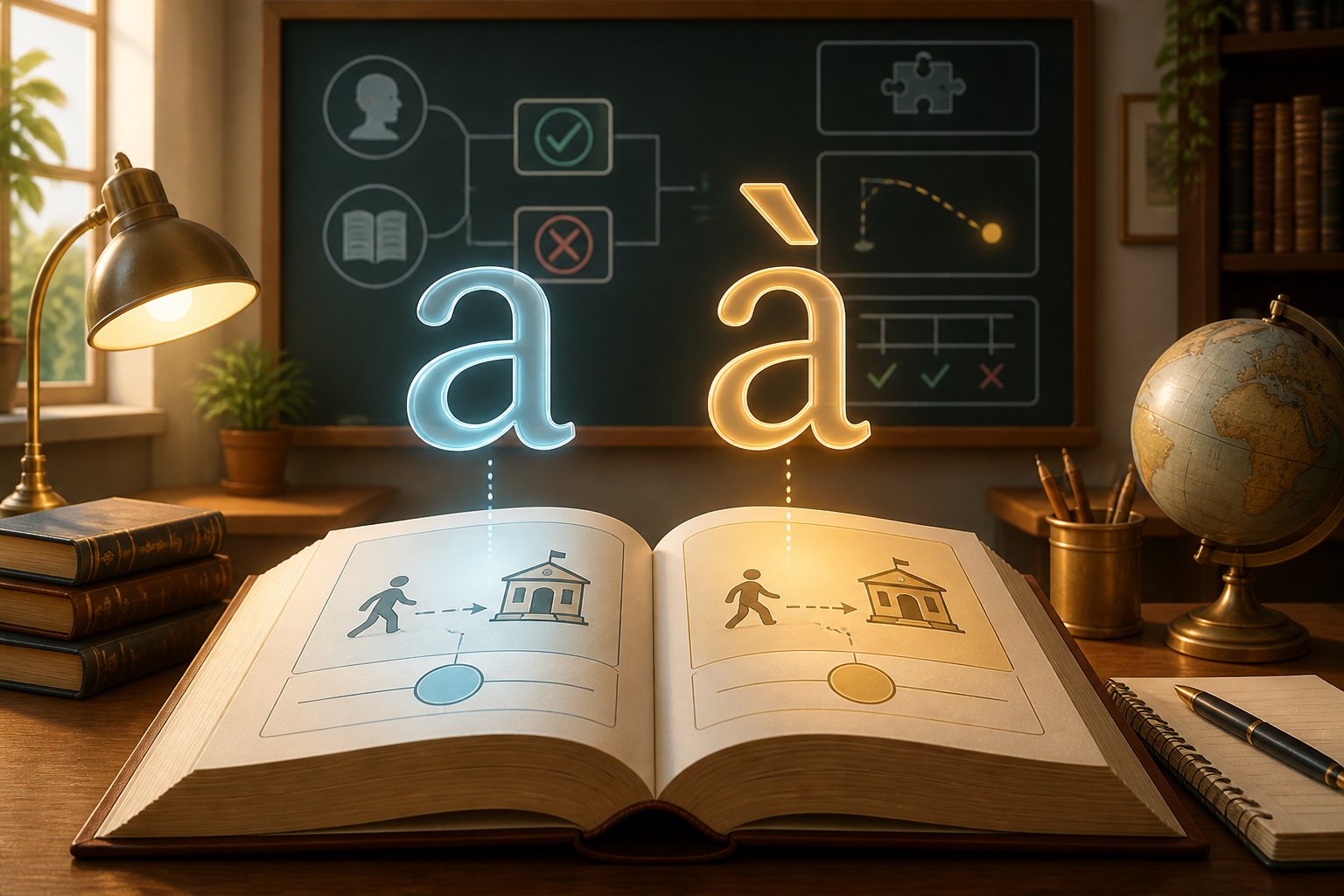Cena de um ambiente de estudo com um livro aberto em uma mesa e letras flutuantes destacando a diferença entre 'a' e 'à', simbolizando regras gramaticais sobre o uso da crase.