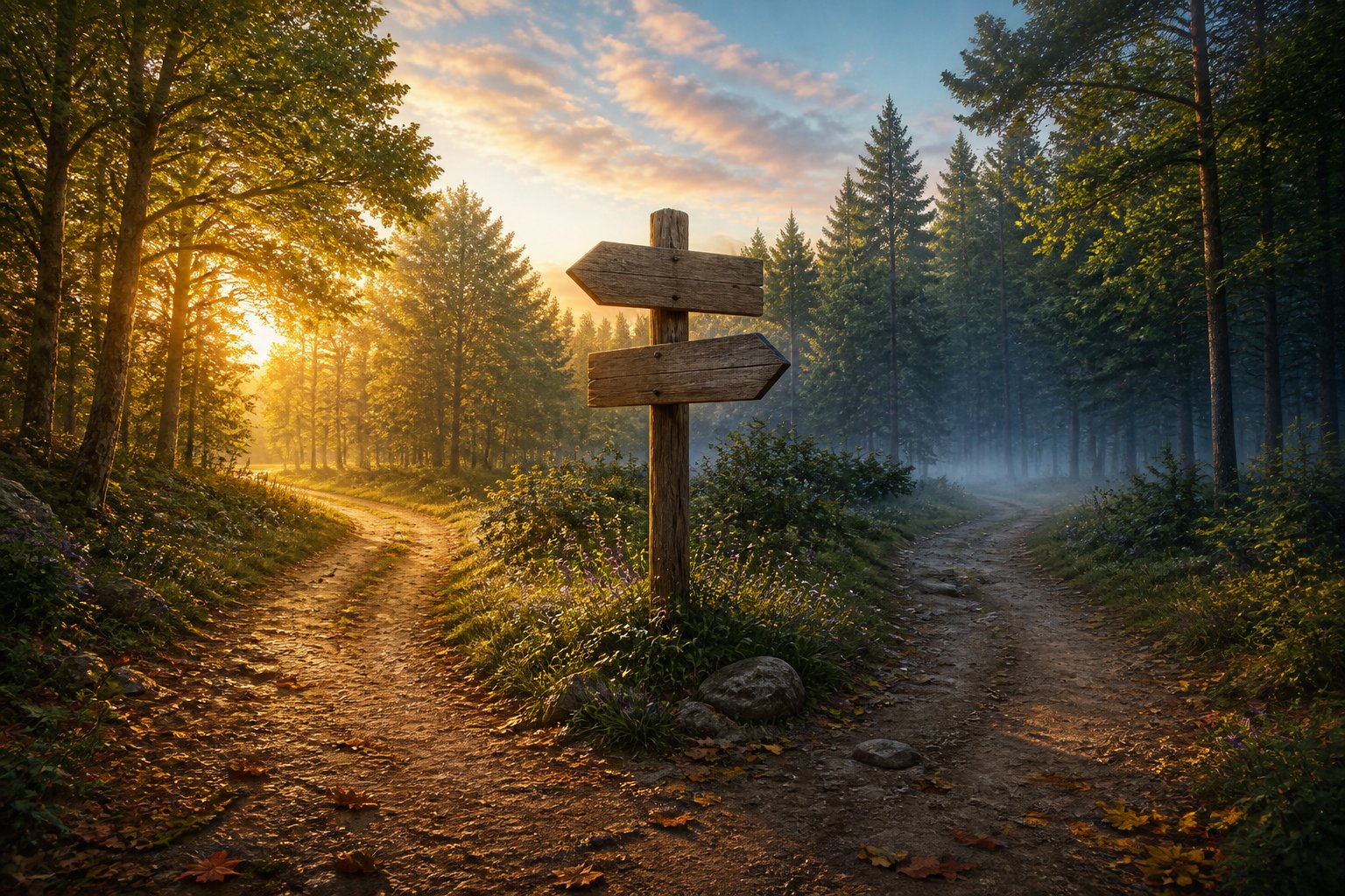 Encruzilhada em uma floresta com duas trilhas divergentes, uma iluminada pelo sol e outra com névoa suave, com uma placa de madeira entre elas.