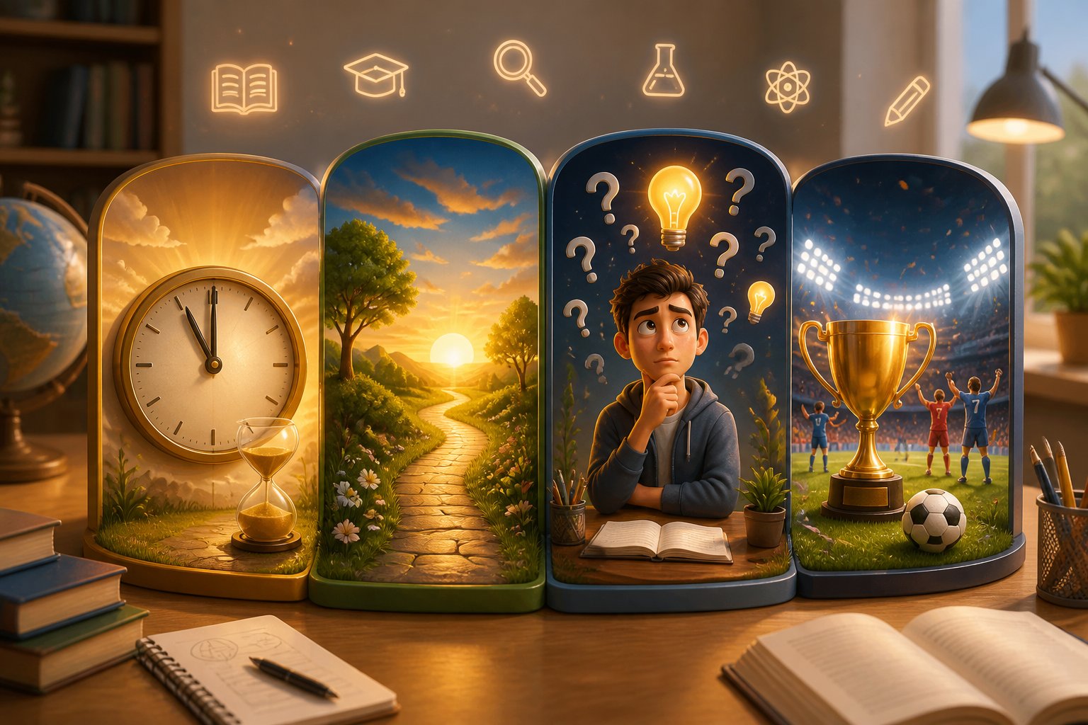 Cena 3D mostrando quatro áreas distintas que representam as expressões 'Ao Final', 'No Final', 'Afinal' e 'A Final', com elementos simbólicos como relógio, caminho, pessoa pensativa e estádio esportivo, em um ambiente de estudo.