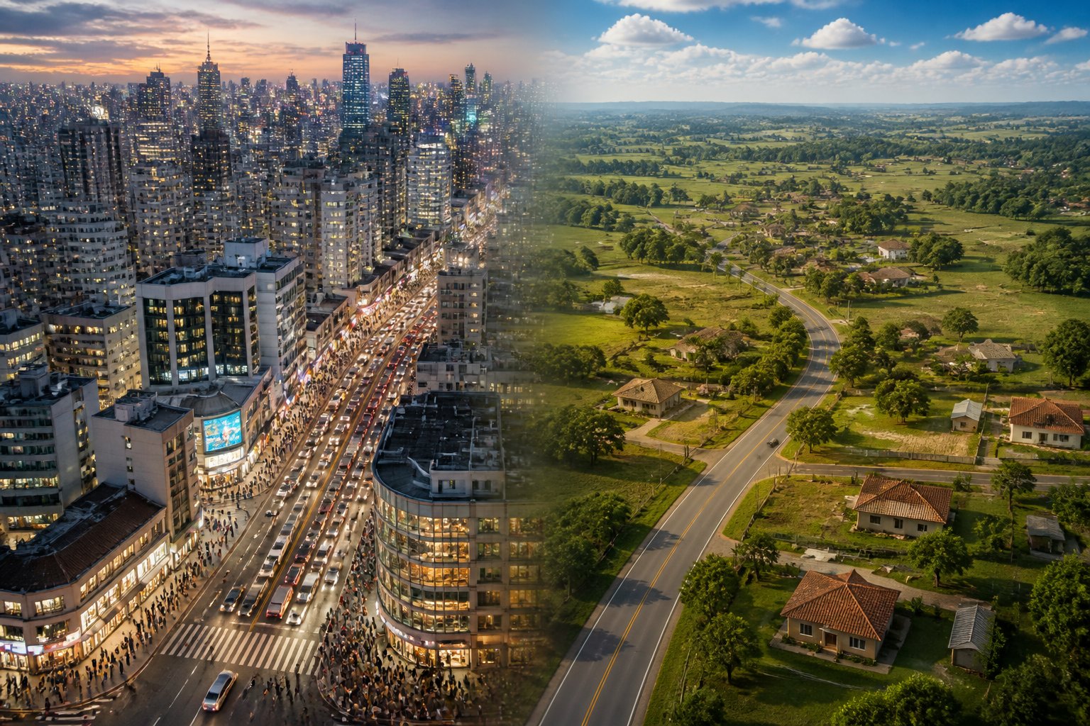 Cena dividida mostrando de um lado uma área urbana densa com muitos prédios e pessoas, e do outro uma área mais espaçada com casas, árvores e espaços abertos.