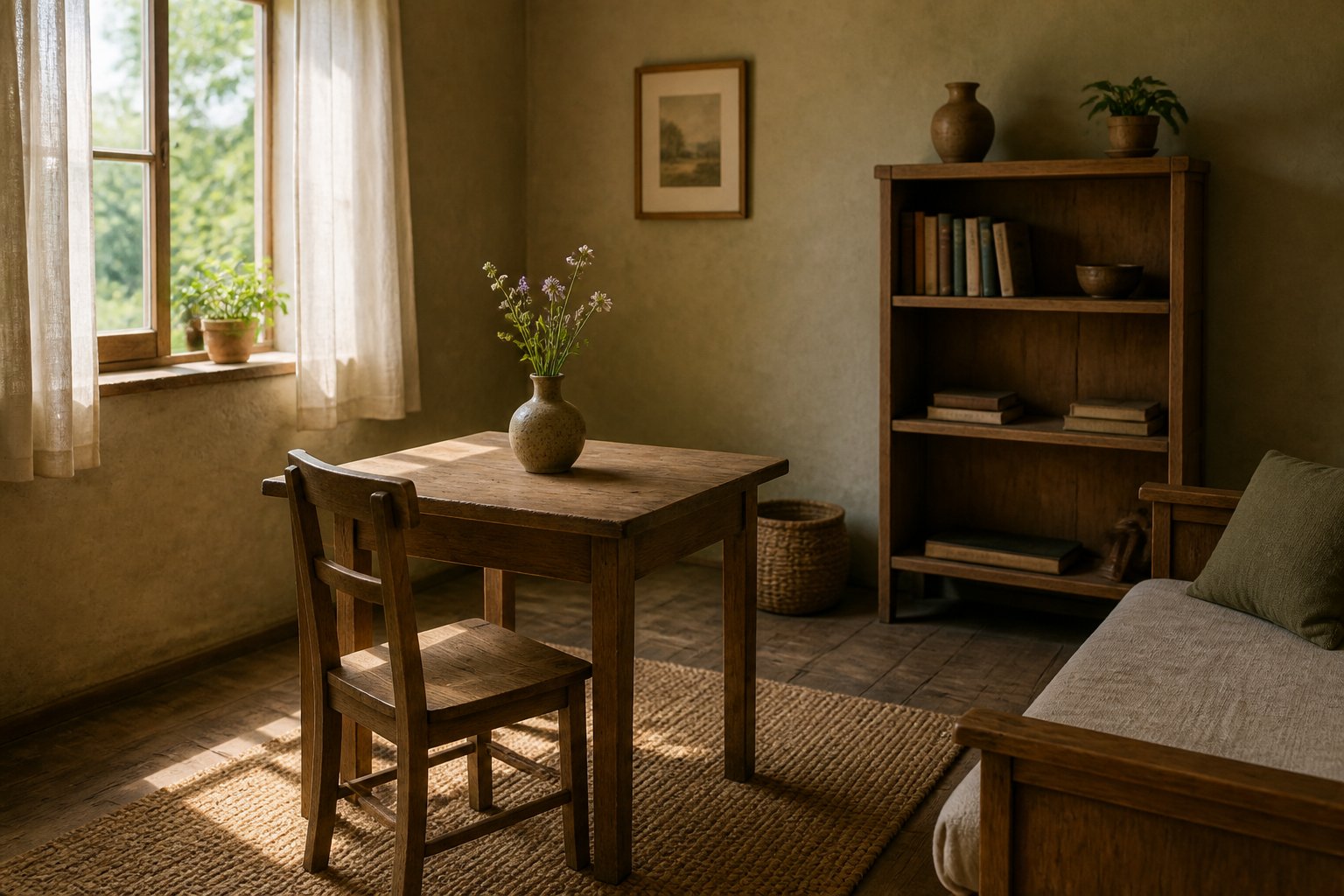 Interior de um quarto simples e tranquilo com móveis de madeira, uma mesa pequena com um vaso de flores e luz natural entrando pela janela.