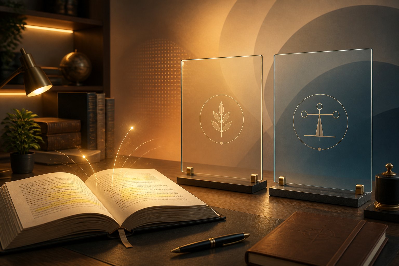 Mesa de estudo com livro aberto e duas divisórias de vidro representando conceitos distintos, em um ambiente iluminado e organizado.