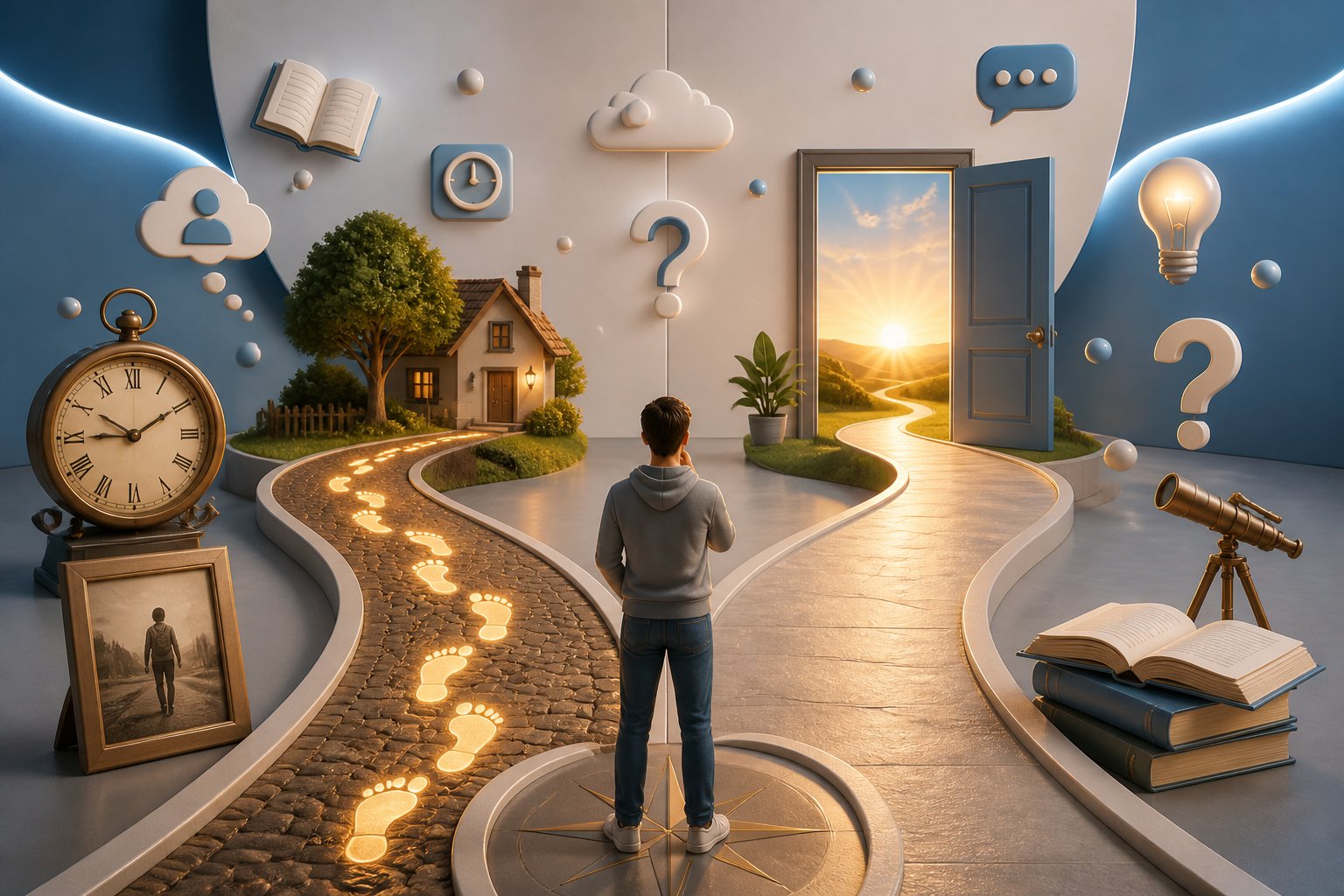 Cena 3D mostrando dois caminhos divergentes simbolizando a diferença entre os verbos 'Vim' e 'Vir', com elementos que representam passado e futuro em um ambiente educacional.