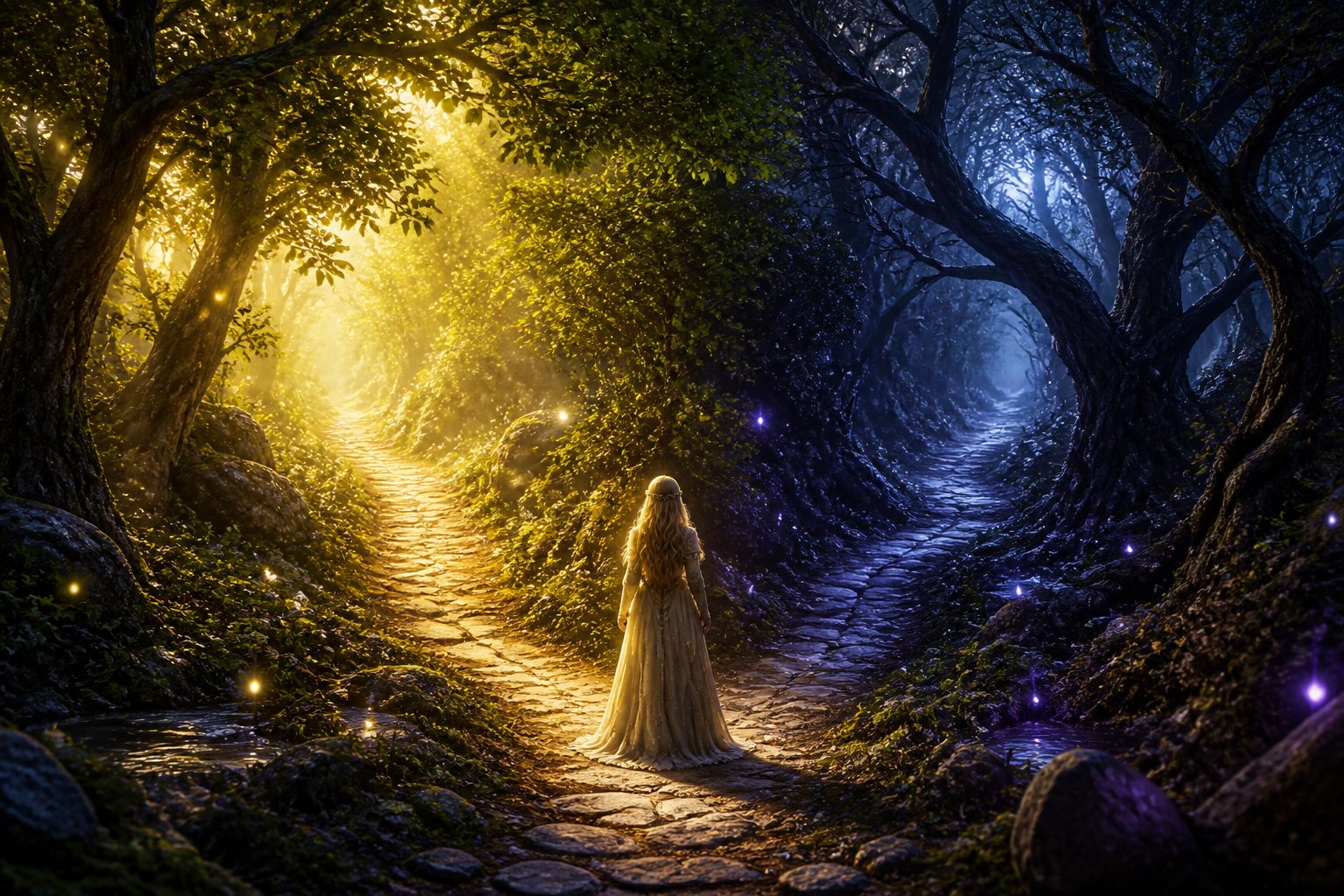Uma figura em uma bifurcação de duas trilhas na floresta, uma iluminada pelo sol e outra sombreada e misteriosa.