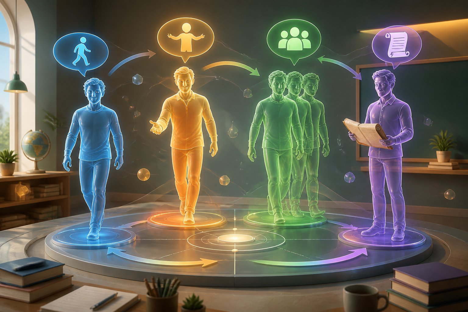 Cena com quatro figuras humanas representando diferentes formas do verbo vir em um ambiente de estudo, com gestos que indicam os significados e conexões entre elas.