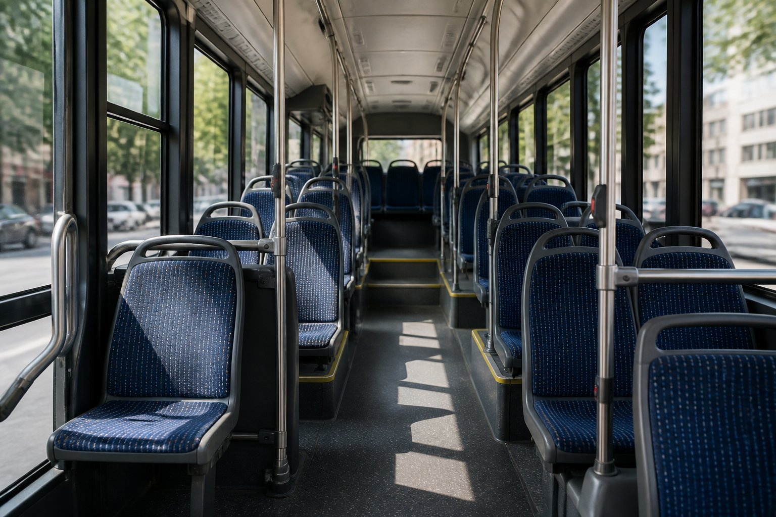 Interior de um ônibus vazio mostrando fileiras de assentos e corredor central.