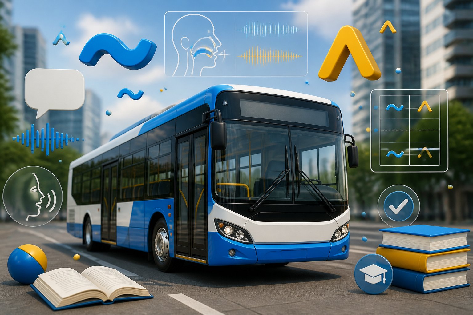 Um ônibus urbano moderno com marcas de acentuação flutuando ao seu redor, acompanhado de elementos que representam pronúncia e regras de acentuação, em uma cena de cidade ao fundo.
