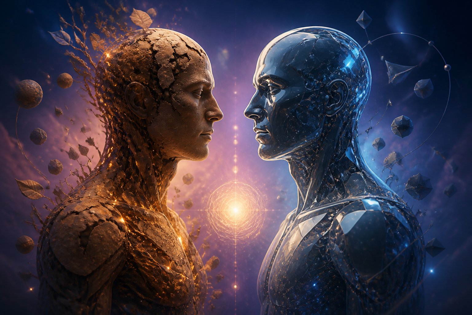 Figura humana dividida em duas metades frente a frente, uma com tons quentes e texturas orgânicas, a outra com superfícies metálicas e reflexivas, com luz suave entre elas, em um fundo degradê azul e roxo.