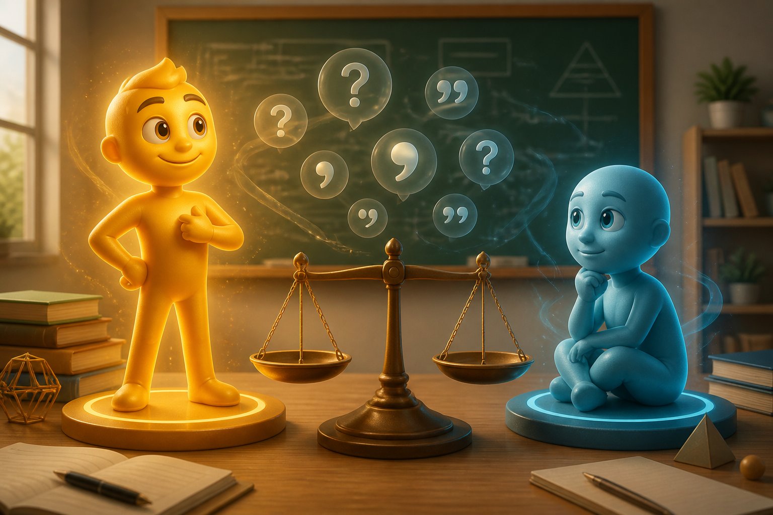 Cena 3D mostrando duas figuras representando os pronomes pessoais 'Eu' e 'Mim' em um ambiente de sala de aula, com uma balança simbólica entre elas e elementos que remetem ao estudo da gramática.