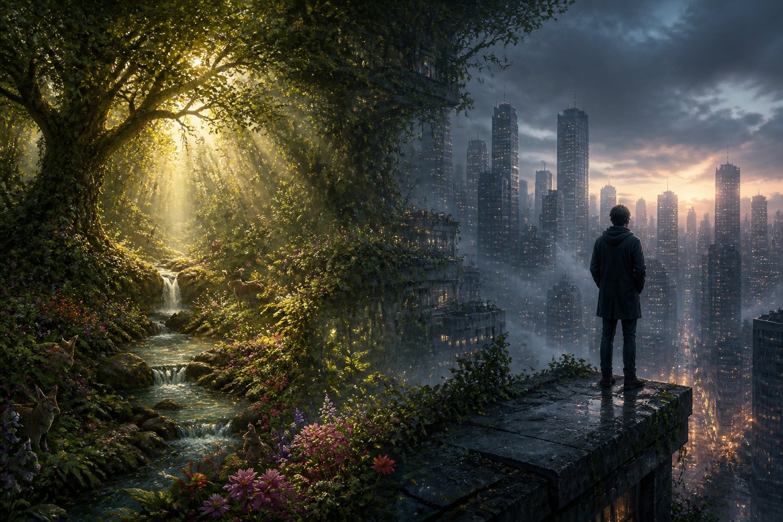Cena dividida mostrando uma floresta vibrante de um lado e uma cidade nebulosa ao entardecer do outro, com uma figura solitária observando a cidade.