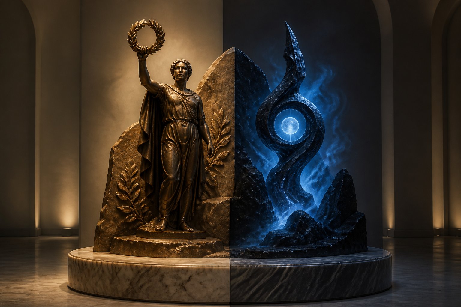 Duas esculturas em um pedestal: uma pessoa segurando uma coroa de louros e uma escultura abstrata brilhante, em um espaço de galeria minimalista.