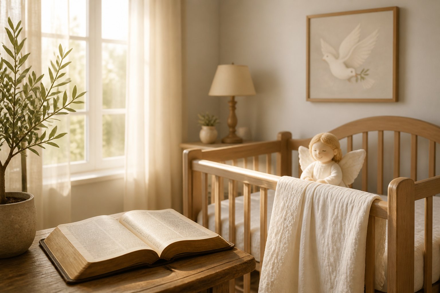 Quarto de bebê tranquilo com berço de madeira, Bíblia aberta sobre mesa rústica, planta de oliveira e quadro com ilustração de pomba na parede.
