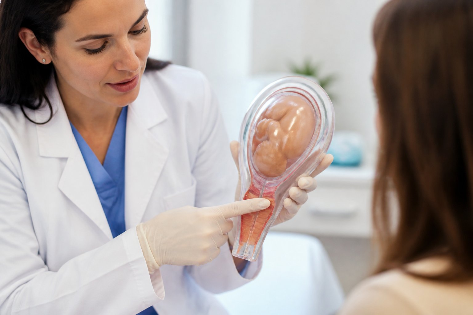 Profissional de saúde mostrando um modelo anatômico do colo do útero durante uma consulta médica sobre gravidez.