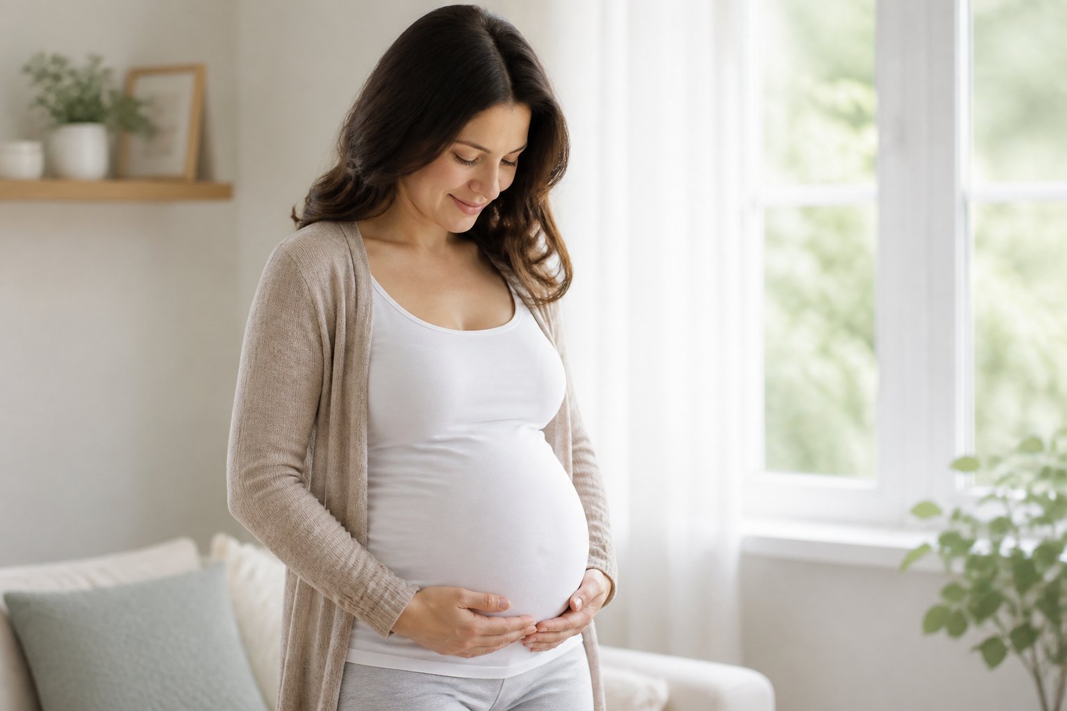 Mulher grávida de 11 semanas segurando a barriga com as mãos em um ambiente claro e acolhedor.