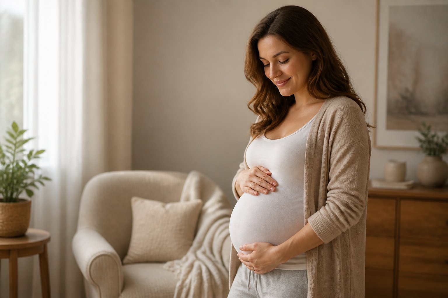 Mulher grávida no segundo trimestre, acariciando a barriga em um ambiente acolhedor e iluminado naturalmente.