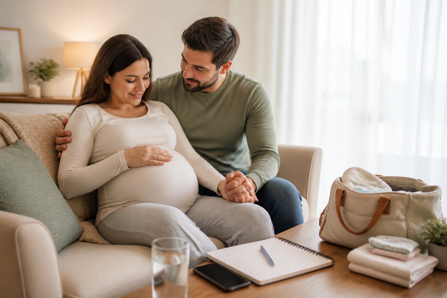 Mulher grávida sentada em um sofá, segurando a barriga, com uma pessoa ao lado oferecendo apoio em uma sala acolhedora.