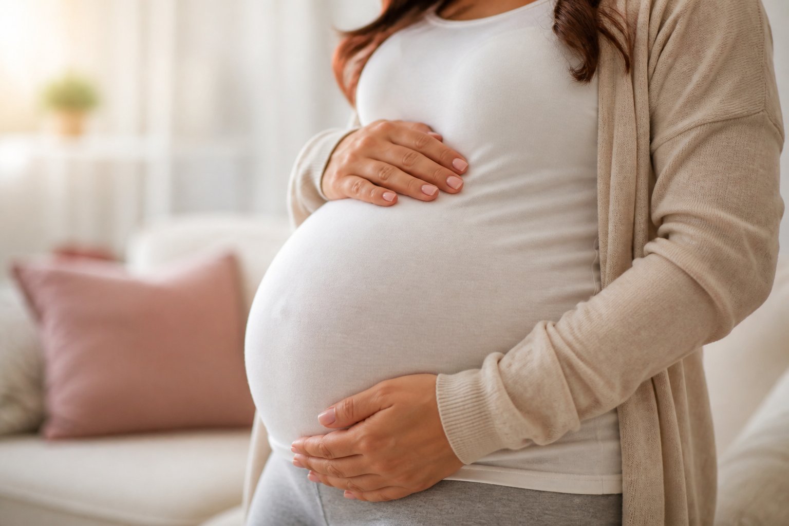 Mulher grávida segurando suavemente a barriga em ambiente tranquilo.