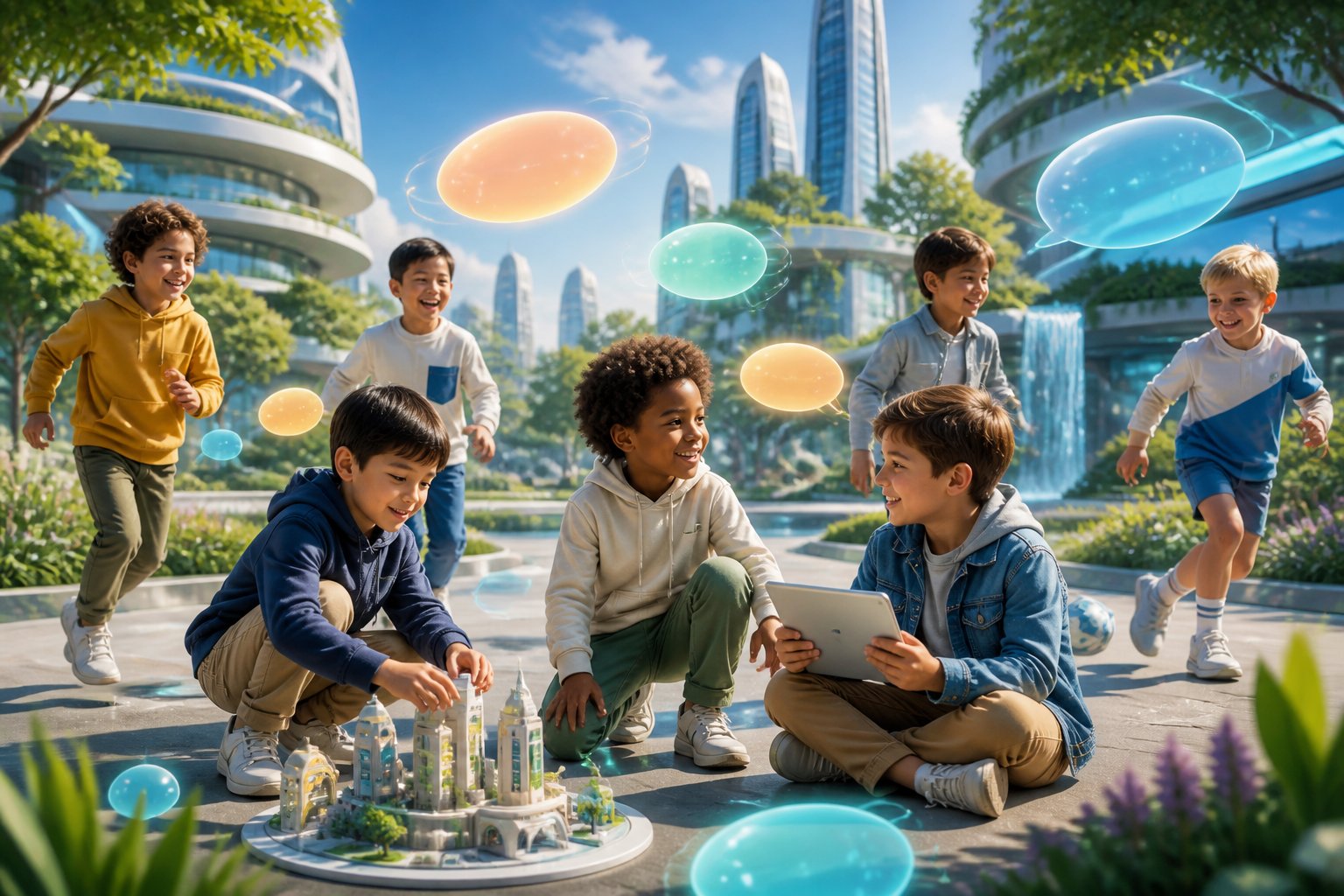 Crianças diversas brincando em um parque moderno e iluminado, simbolizando nomes de meninos para 2026.