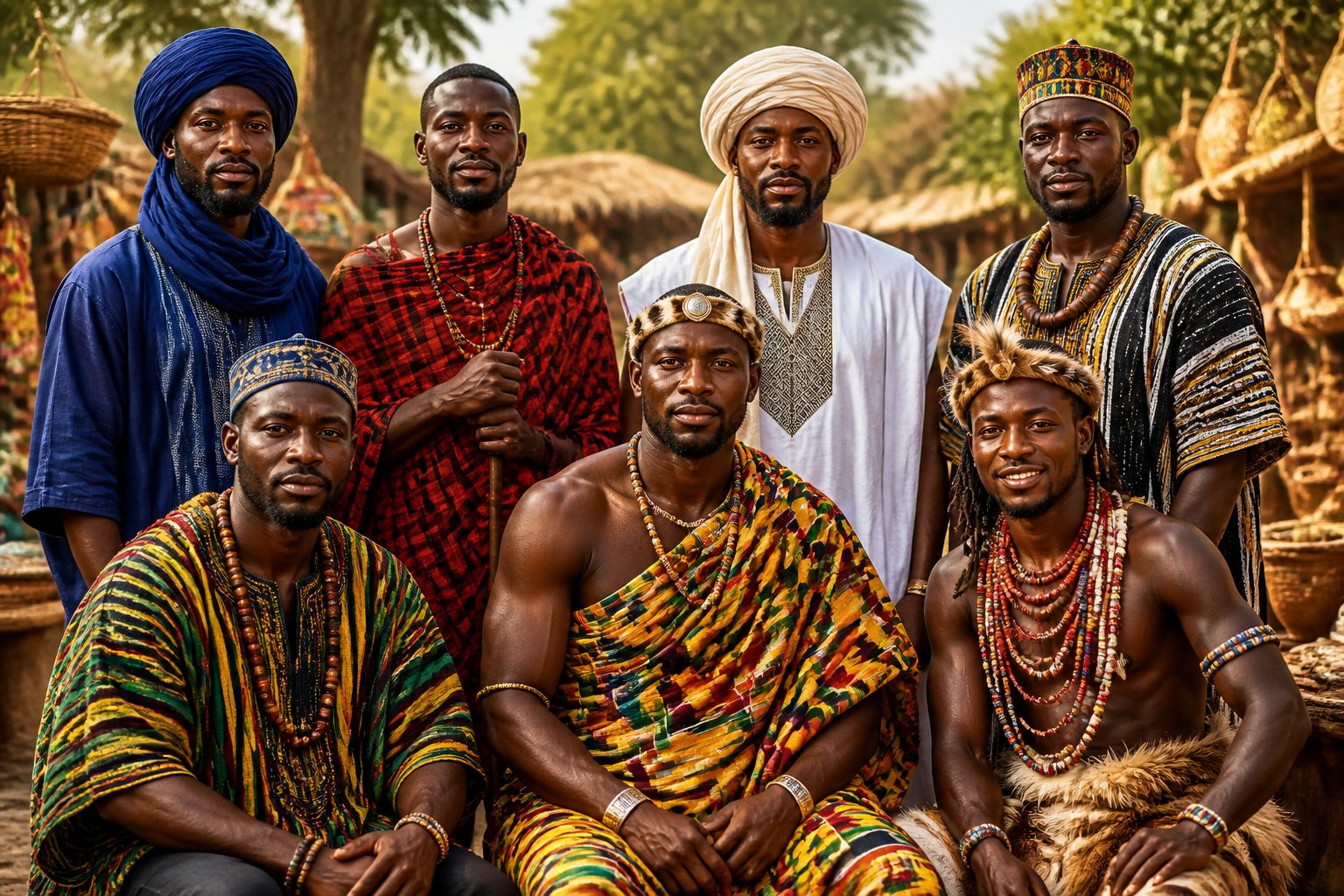 Um grupo diversificado de homens africanos em roupas tradicionais, reunidos em um mercado ao ar livre com elementos culturais ao fundo.