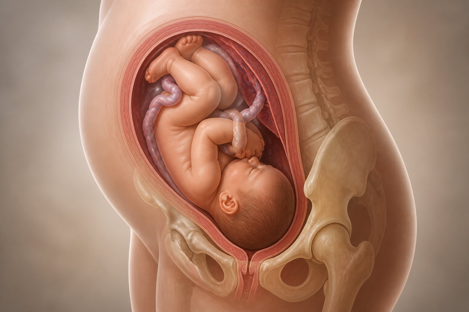 Ilustração de um bebê dentro do útero da mãe, posicionado com a cabeça para baixo, pronto para o parto.