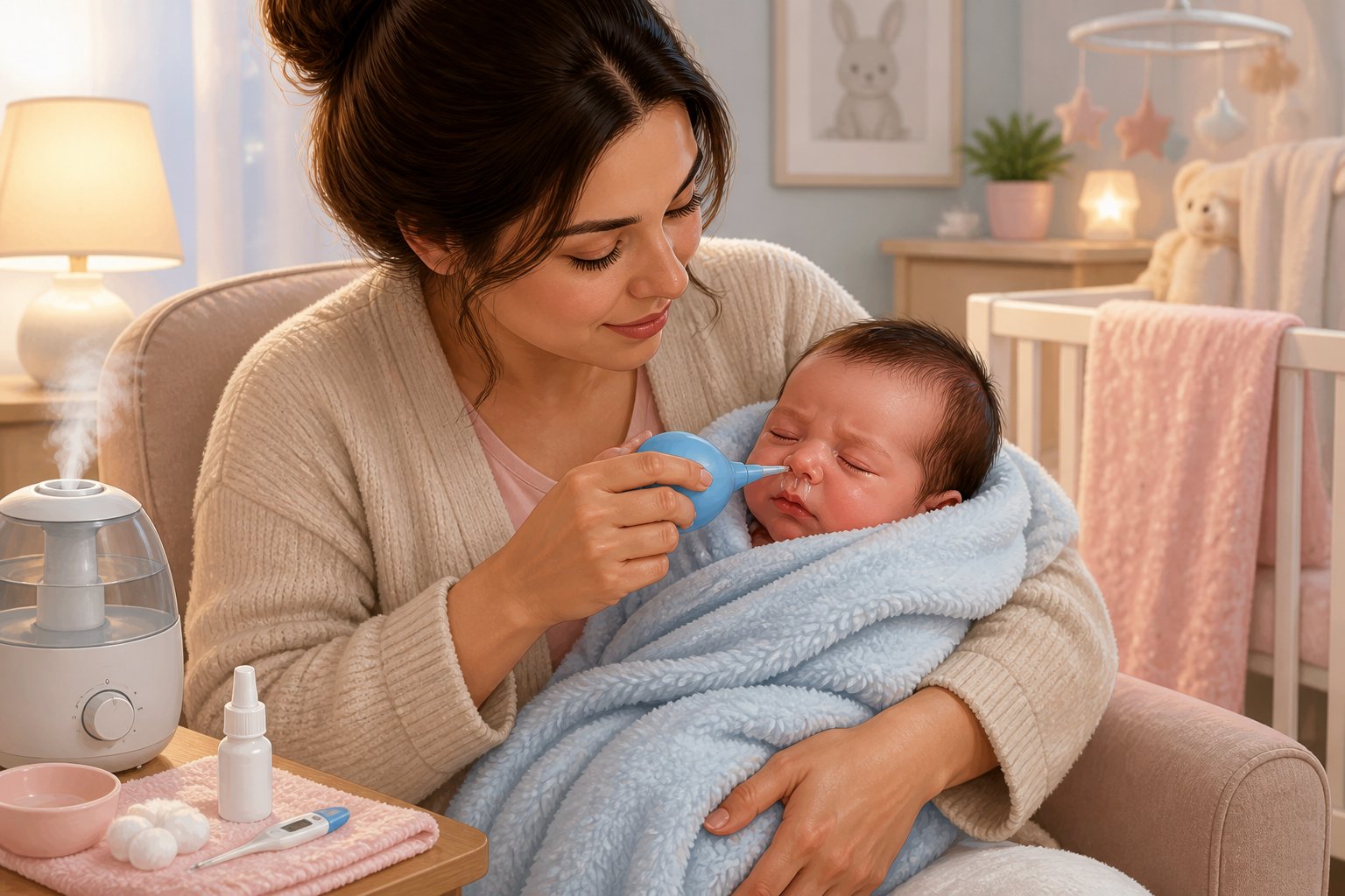 Um pai ou mãe segurando delicadamente um recém-nascido com sintomas de resfriado, usando uma seringa de bulbo para limpar o nariz do bebê em um quarto de bebê acolhedor.