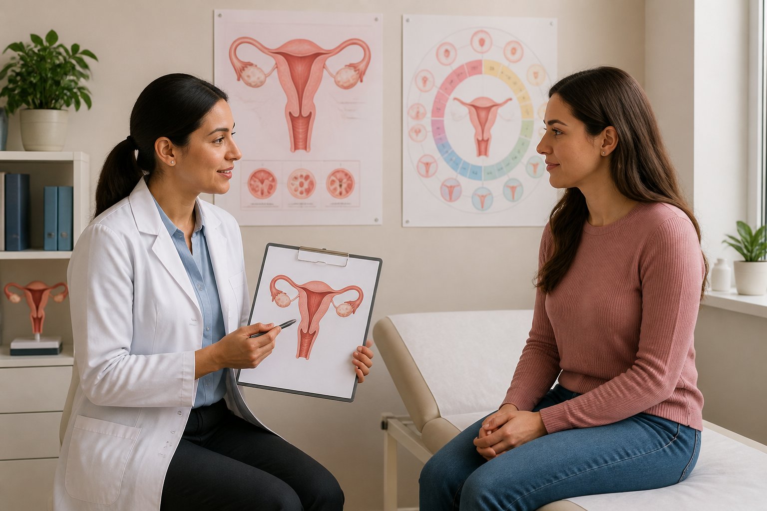 Uma médica conversando com uma mulher jovem em uma consulta sobre saúde reprodutiva, com um gráfico do sistema reprodutor feminino ao fundo.